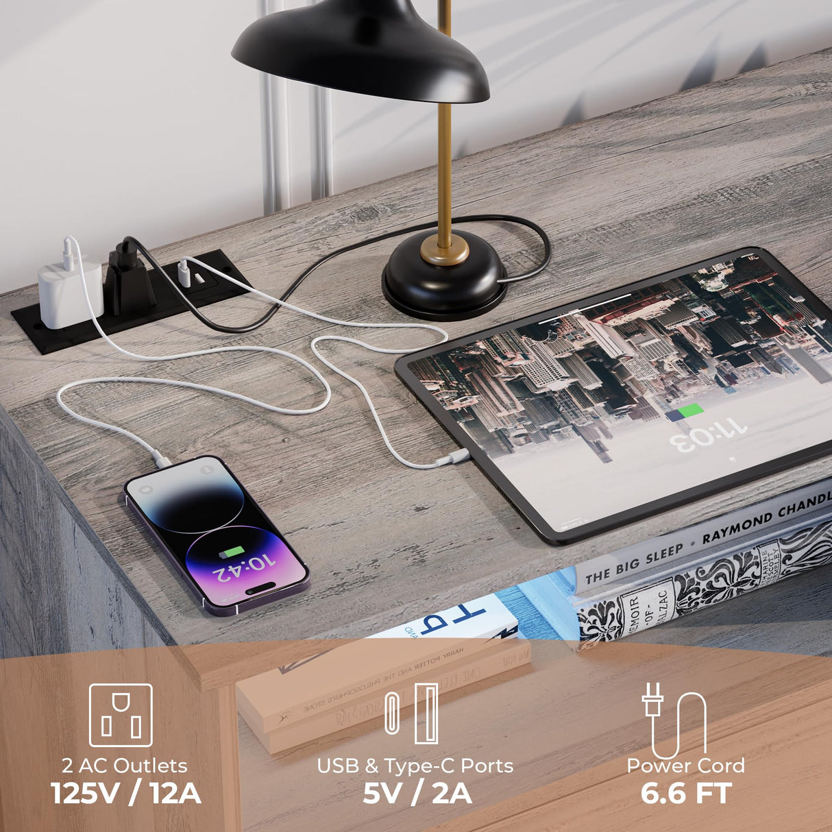 VVFLU Grey 6 Drawer Dresser for Bedroom with LED Lights and Charging Station, Wood 6 Chest Drawers, Large Storage for Clothes, for Living Room, Bedroom, Hallway, Taupe Grey VVFLU