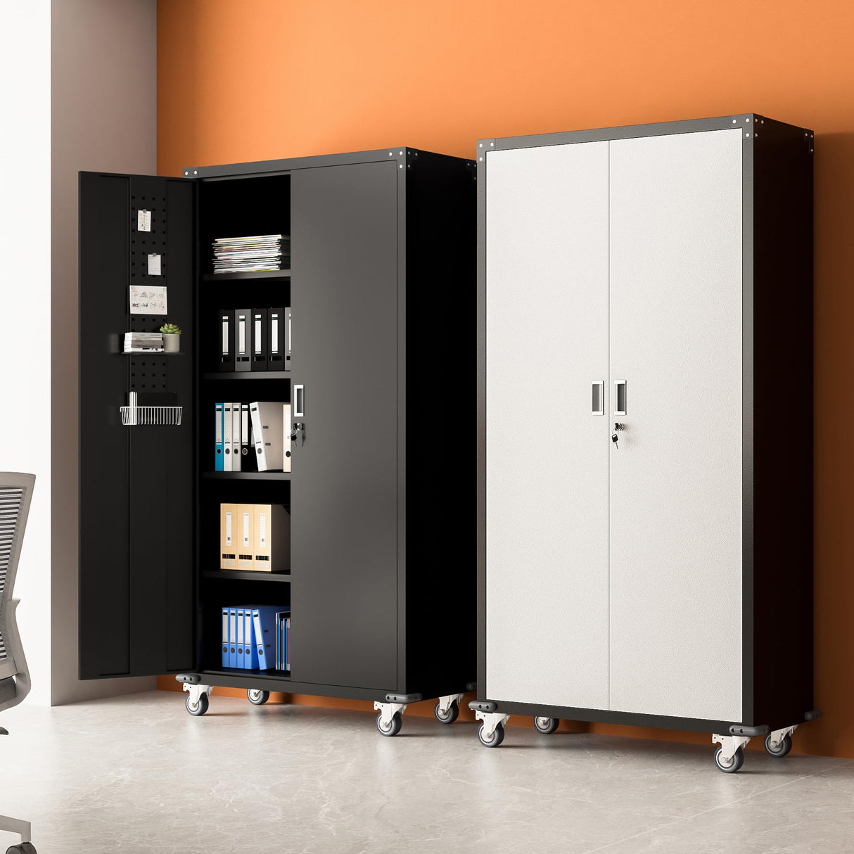 Waqiv 71''H Black Metal Garage Storage Cabinet with Wheels, Lockable Tool Cabinet with Doors and 4 Adjustable Shelves,Tall Metal Cabinets with 2 Pegboards for Garage Storage Systems, Assembly Required Waqiv