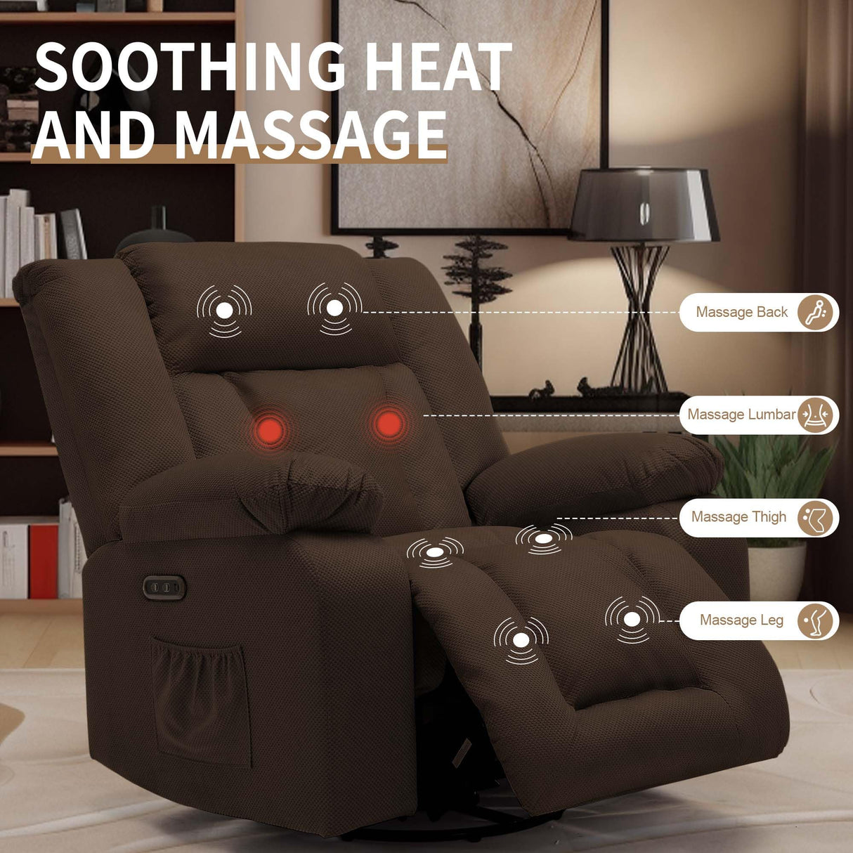 Korser Oversized Power Recliner Chair, Swivel Rocking Chair for Adults, Electric Glider Reclining with Massage and Heating, Waffle Fabric Rocker Recliner with Side Pockets for Living Room, Bedroom Korser