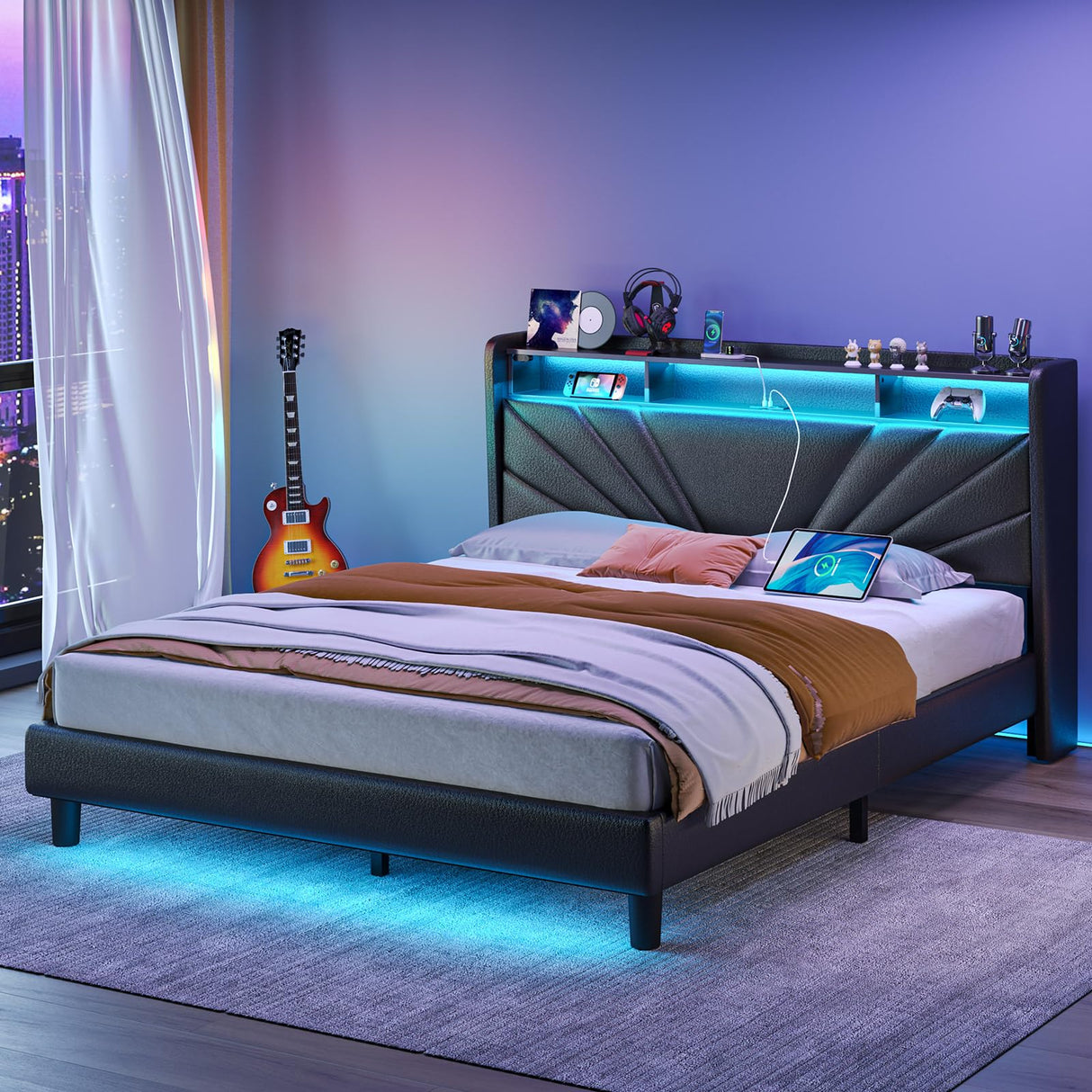 Rolanstar Full Size Bed Frame, Storage Headboard with Charging Station and LED Lights, Upholstered Bed with Heavy Duty Wood Slats, No Box Spring Needed, Noise Free, Easy Assembly, Black Rolanstar