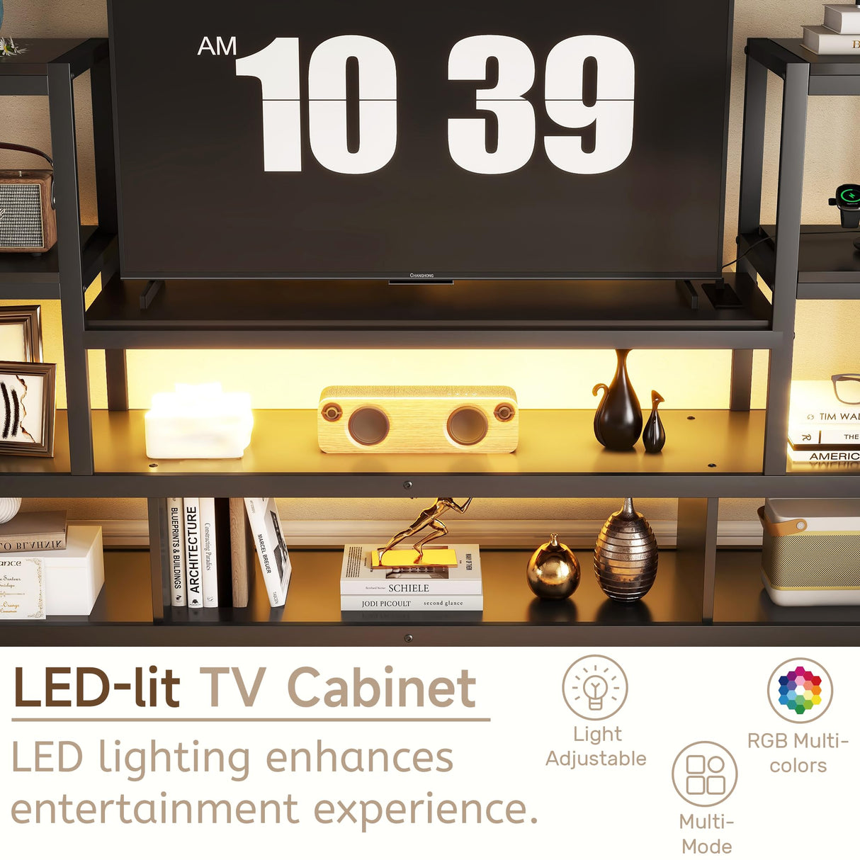 Full Size Loft Bed with LED Light & TV Table, Adults Loft Beds with Charging Station & Storage Bookcase, Wardrobe, Heavy-Duty Metal Lofts Frame with Stairs for Kids, Teens & Youth Dorms, Black Mirightone