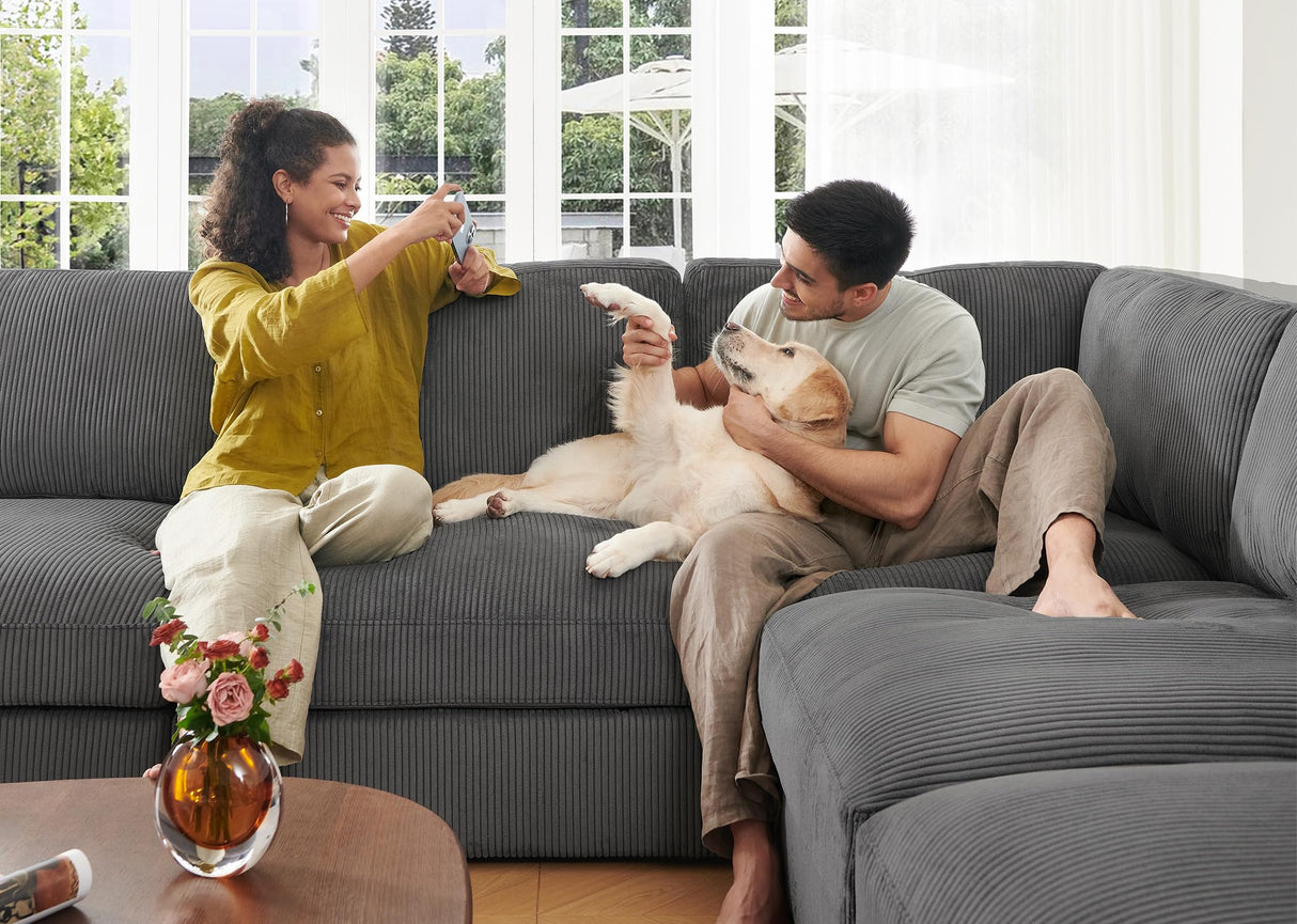 HONBAY Modular Sectional Couches with Storage Corduroy Sectional Sleeper Sofa Modular Sectional Couches for Living Room,Dark Grey HONBAY