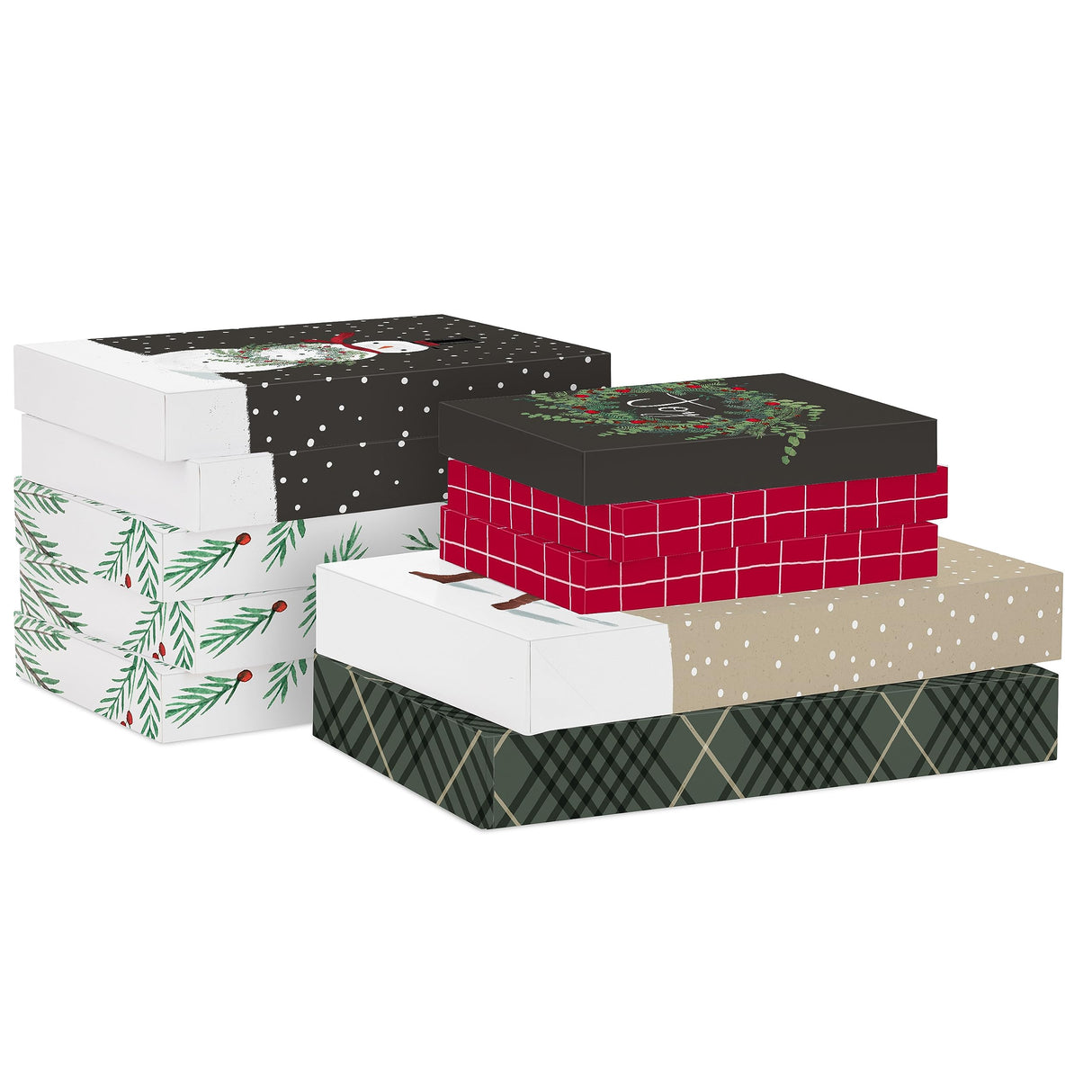 Hallmark Christmas Shirt Boxes for Presents (10 Clothes Boxes with Lids: 3 Small 11", 5 Medium 14", 2 Large 16") Red, Green and Black Plaid, Snowmen, Santa, Winter Greenery Hallmark