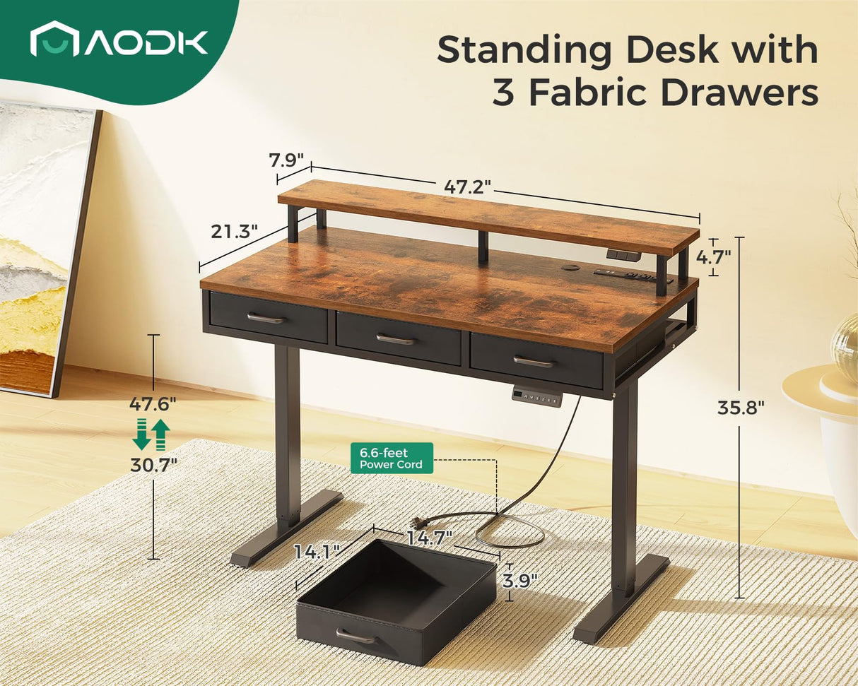 AODK 47 Inch Electric Standing Desk with 3 Drawers, Brown, Height Adjustable Desk with Power Outlets & LED Lights, Stand Up Desk with Monitor Shelf, Sit Stand Desk Computer Workstation AODK