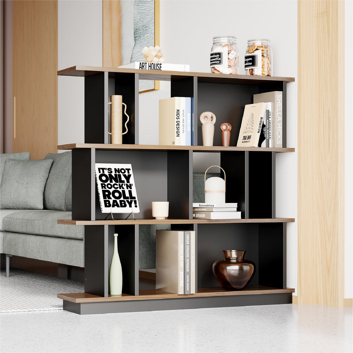 LIKEMET 3-Tier Horizontal Bookcase, 47'' Geometric Bookshelf with Anti-Tipping Kit, Open Modern Room Divider Display Shelf, Storage Organizer Shelf for Bedroom, Living Room, Office LIKEMET