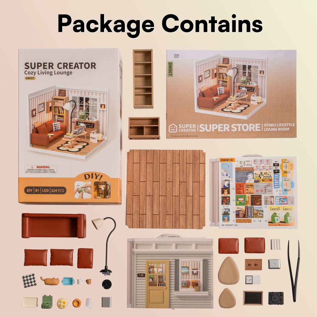 ROBOTIME DIY Miniature House Kit Mini Dollhouse with Accessories Building Toy Set Tiny Room Making Kit with LED Light Hobby Unique Gifts (Cozy Living Lounge) ROBOTIME