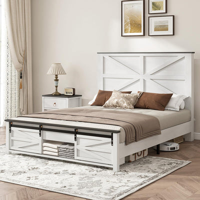 Albott Full Size Farmhouse Bed Frame with Sliding Barn Door Storage, Wood Platform Bed Frame with 48.6" Barn Door Headboard, Wood Slats Support, No Squeak, No Box Spring Needed, Rustic White