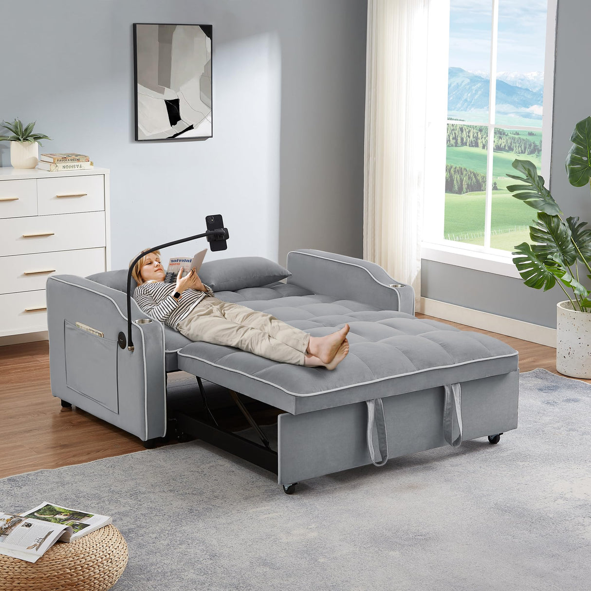 Sleeper Sofa Couch Bed with USB & Type C Port, Modern 3-in-1 Convertible Velvet Pull Out Loveseat Futon Sofa w/Phone Holder/Cup Holder for Living Room Apartment, Adjustable Backrest, Light Grey Antetek