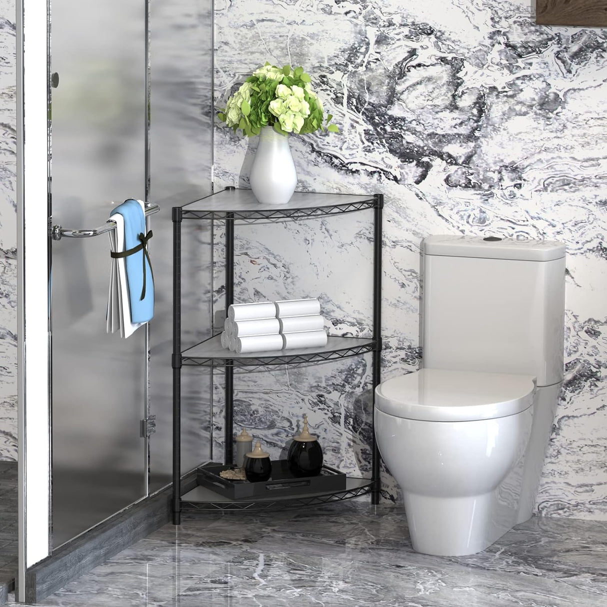 Corner Shelf Wire Shelving Unit, 6 Tier NSF Metal 420lbs Capacity Heavy Duty Adjustable Storage Rack with Shelf Liners for Closet Kitchen Bathroom Garage Basement, 72" H x 18" L x 18" D - Black pouseayar