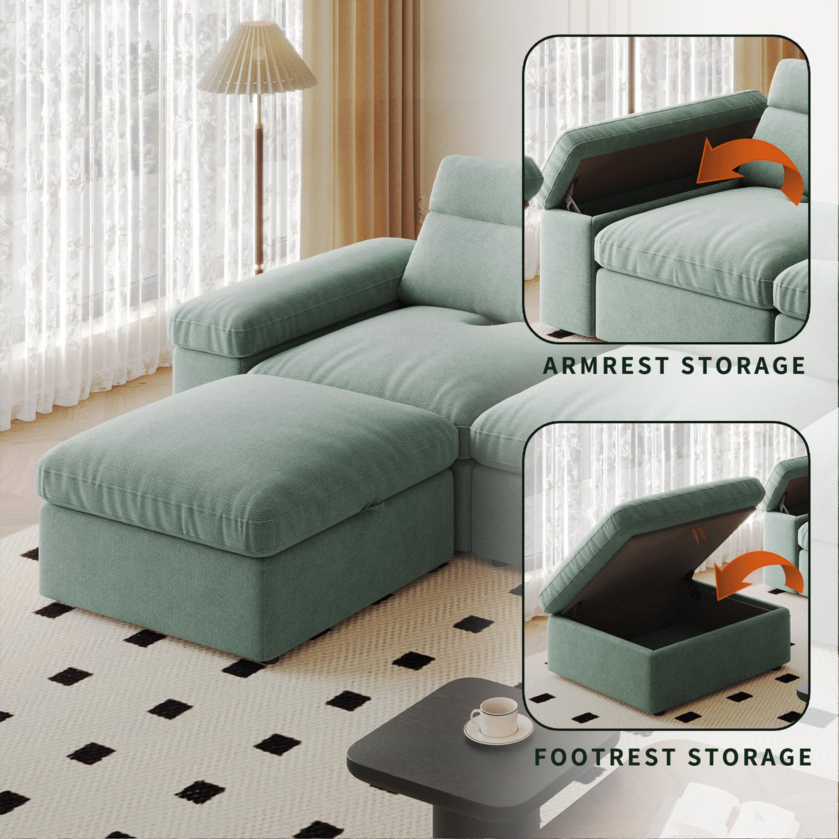 Sectional Modular Down Filled Sofa, Comfty Feather L Shape Cloud Couch for Living Room,114" Simple Couch,Adjustable Backrest,3Seat with Storage Ottoman for Office,Apartment (Green-3 Seat+Ottoman) Pistachio