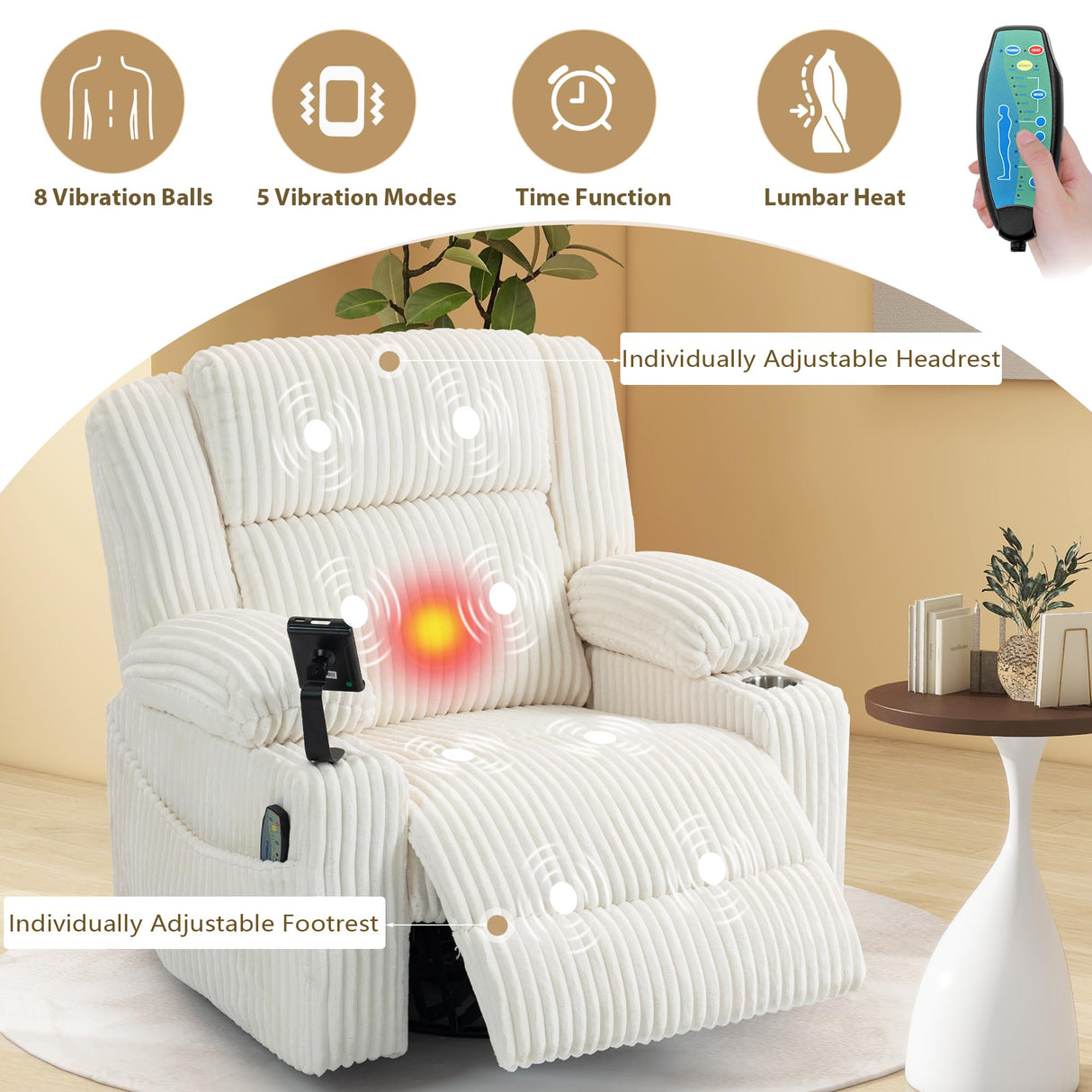 SINCRUMI Power Oversized Swivel Rocker Recliner with Dual Motor Adjustable Headrest for Adults, Glider Rocking Chair with Vibration and Heat, USB A&C Ports, Armrest Storage, Cup Holder, Cream White SINCRUMI