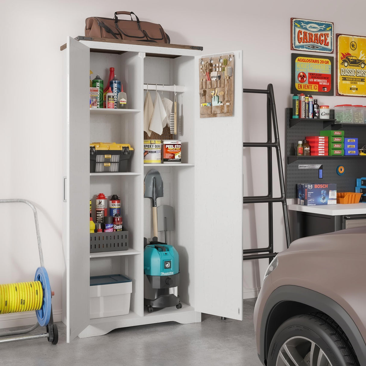 Befrases 72" H White Tall Farmhouse Storage Cabinet with Adjustable Shelves, Large Pantry Organize with 2 Barn Doors, Freestanding Cabinet for Kitchen, Garage, Basement, Living, Utility Room Befrases