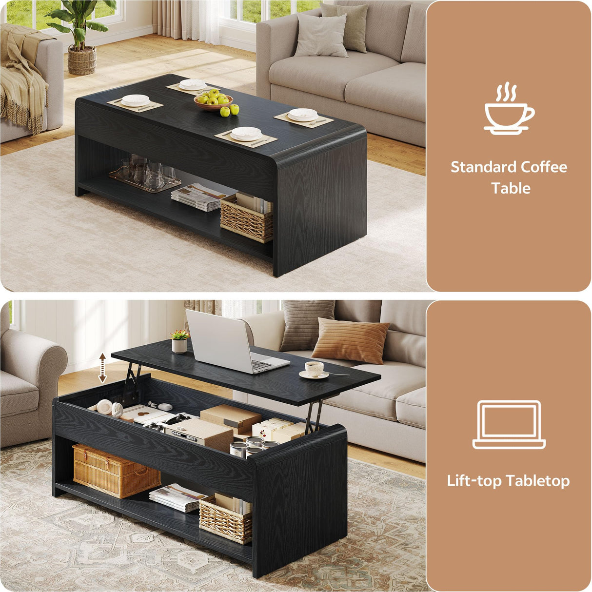 Homiflex Lift Top Coffee Table, 35'' Multi-Function Coffee Table with Hidden Compartment & Open Shelf, Curved Profile Design, Converts to Home Office Table, Dining Table for Living Room, Black Homiflex