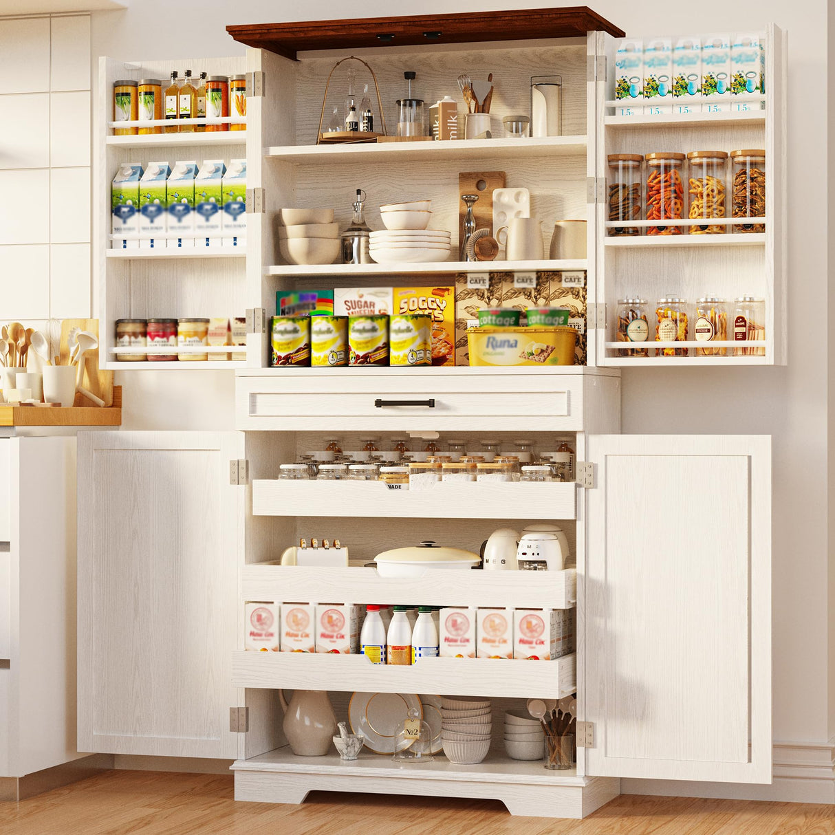 IRONCK Farmhouse Kitchen Pantry Cabinet, 72" Height Tall Freestanding Cupboard with Sliding Storage Rack and 6 Hanging Shelves for Kitchen, Dining Room, White IRONCK