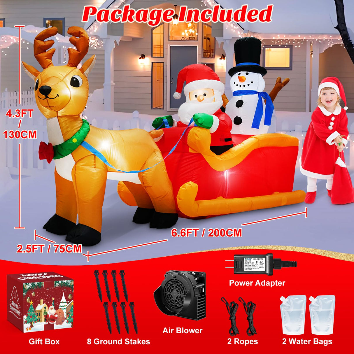 MICOCAH 6.6FT Long Christmas Inflatables Santa Claus on Sleigh with Snowman & Reindeer Outdoor Decorations, Giant Xmas Blow Up Yard Decor Build in LEDs & Tethers Stakes for Holiday Indoor Patio Lawn MICOCAH