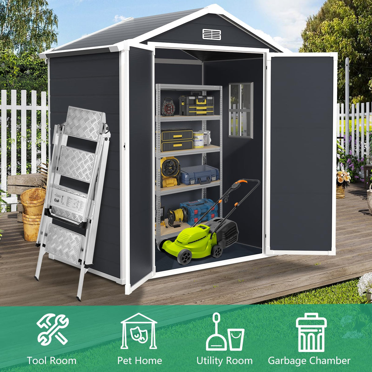 Seizeen 6x4.4ft Outdoor Resin Shed with Floor, All-Weather Plastic Storage Shed with Lockable Doors, Window & Vents, Tool Sheds & Outdoor Storage Clearance for Garden Patio (Dark Gray) Seizeen