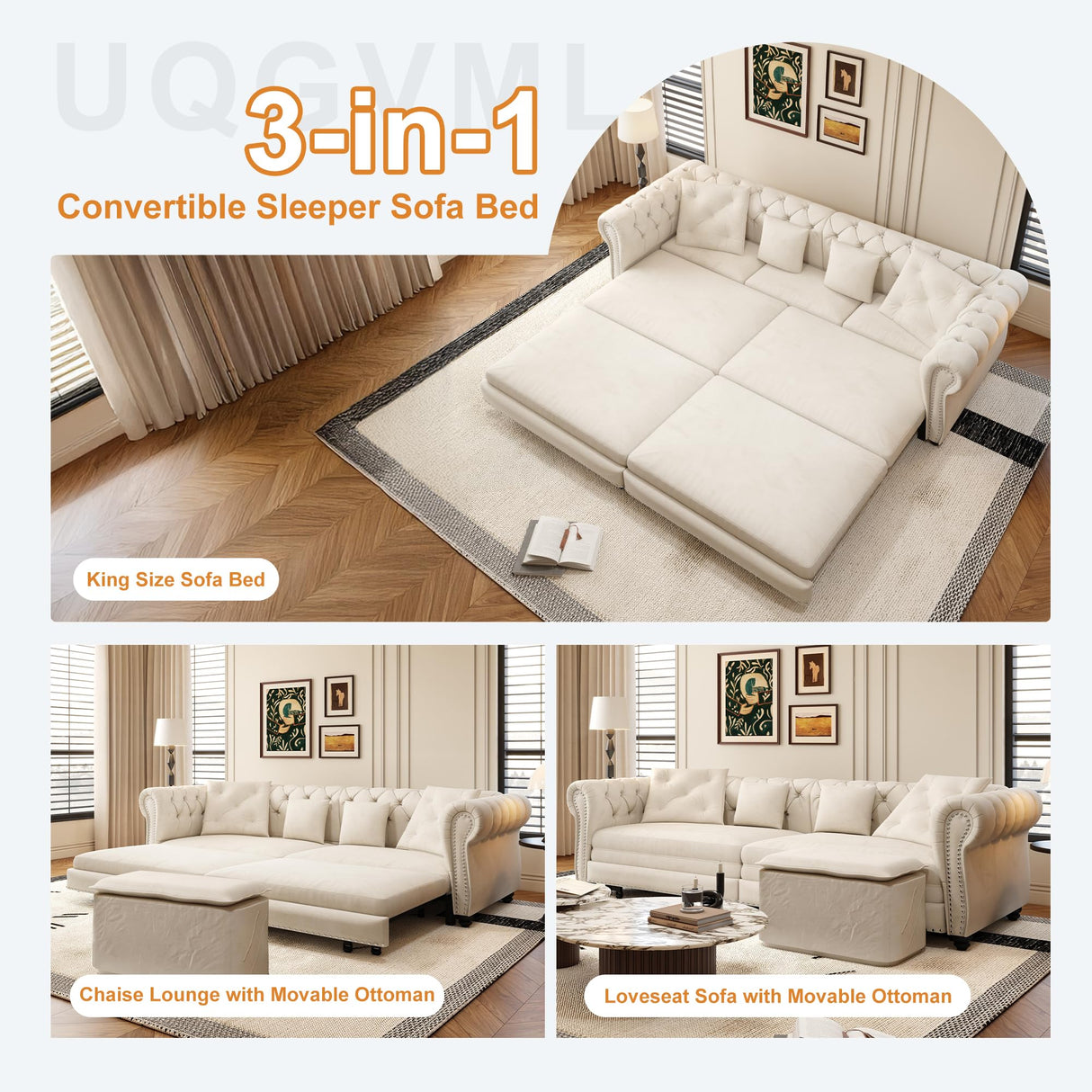 UQGVML Oversized Sleeper Sofa Couch, Convertible Sleeper Sofa Bed for Living Room, Bedroom, Classic 3-in-1 Pullout Couch Bed Chesterfield Style (Beige, with Ottoman) UQGVML
