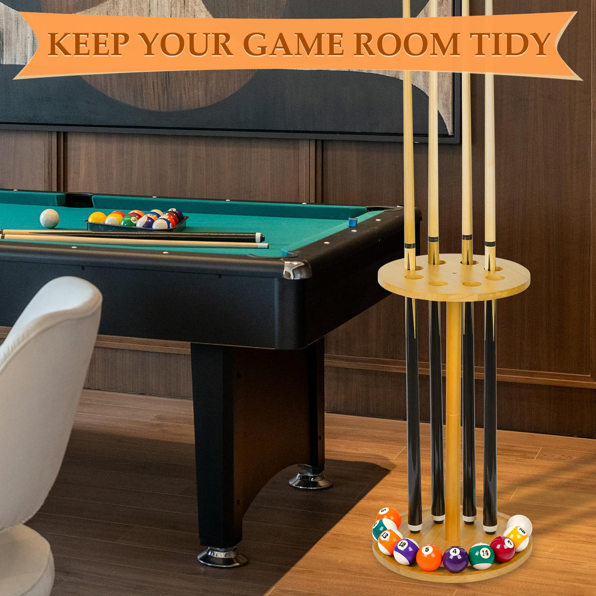 Jolensoy Pool Stick Holder Floor Stand - Round Billiard Cue Rack Pool Table Accessories Holds 8 Pool Cues, Wooden Freestanding Pool Cue Rack Billiards Table Stand for Game Room Billiard Room Decor Jolensoy