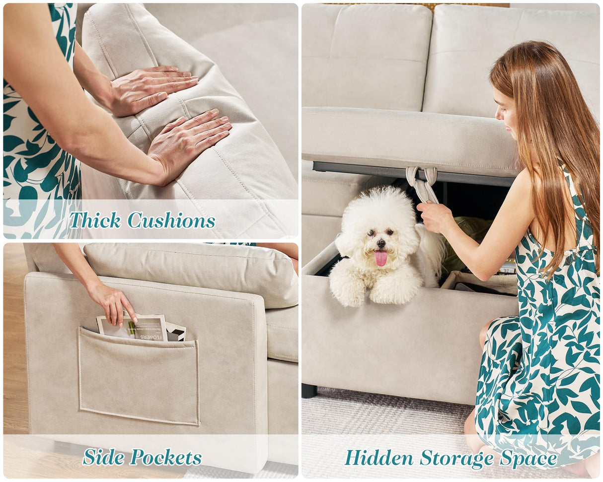 VanAcc Sleeper Sofa, Sofa Bed- 2 in 1 Pull Out Couch Bed with Storage Chaise, Sofa Sleeper Couch for Living Room, Off-White Leathaire Sofa VanAcc