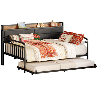 LIKIMIO Daybed with Trundle, Sturdy Metal Full Size Bed Frame with Upholstered Headboard and Charging Station for Living Room, Bedroom and Guest Room, Black