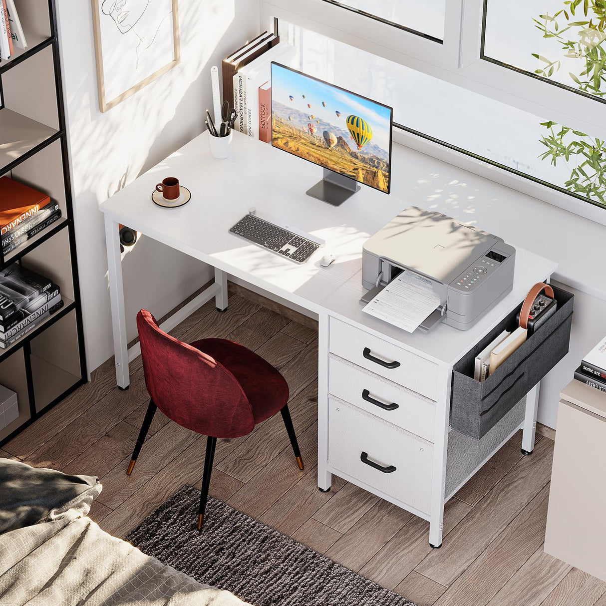 Casaottima 40-Inch Small Computer Desk with Fabric Drawers & File Cabinet, Home Office Desk with Cloth Storage Bag and Hook, Writing Study Work Table for Small Space, Vanity Desk for Bedroom, White Casaottima
