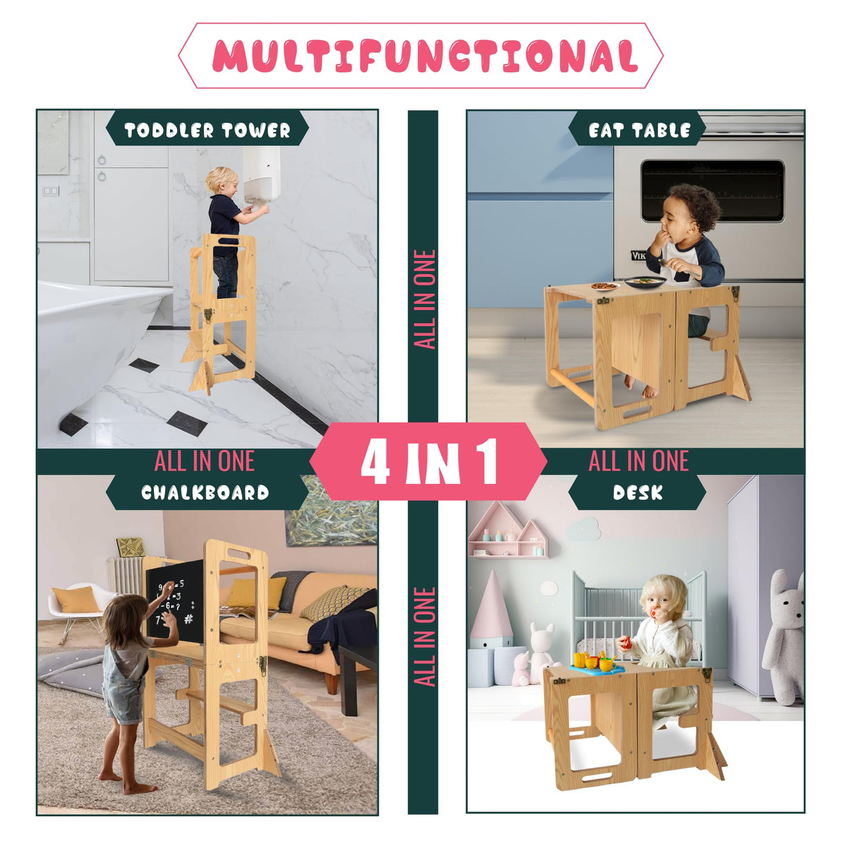 SENSUNIQ Toddler Tower, Kitchen Step Stool Helper for Kids, Wooden Montessori Learn Tower with Chalkboard, Multi-use 4 in 1 Kitchen Standing Tower, Foldable Weaning Table with Safety Rail SENSUNIQ