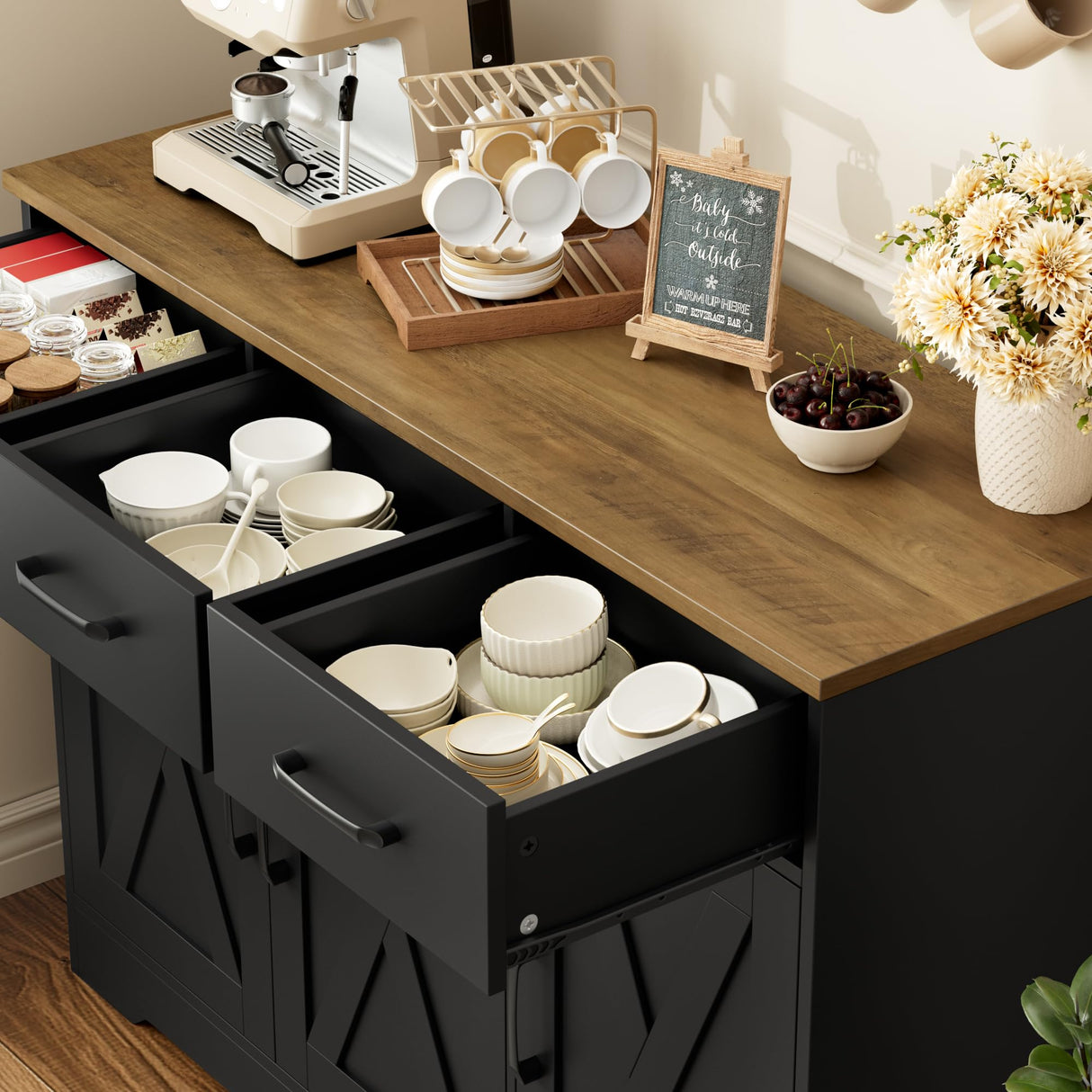 HOSTACK Modern Farmhouse Buffet Sideboard Cabinet, Barn Doors Storage Cabinet with Drawers and Shelves, Wood Coffee Bar Cabinet with Storage for Dining Room, Kitchen, Living Room, Black/Rustic Brown HOSTACK