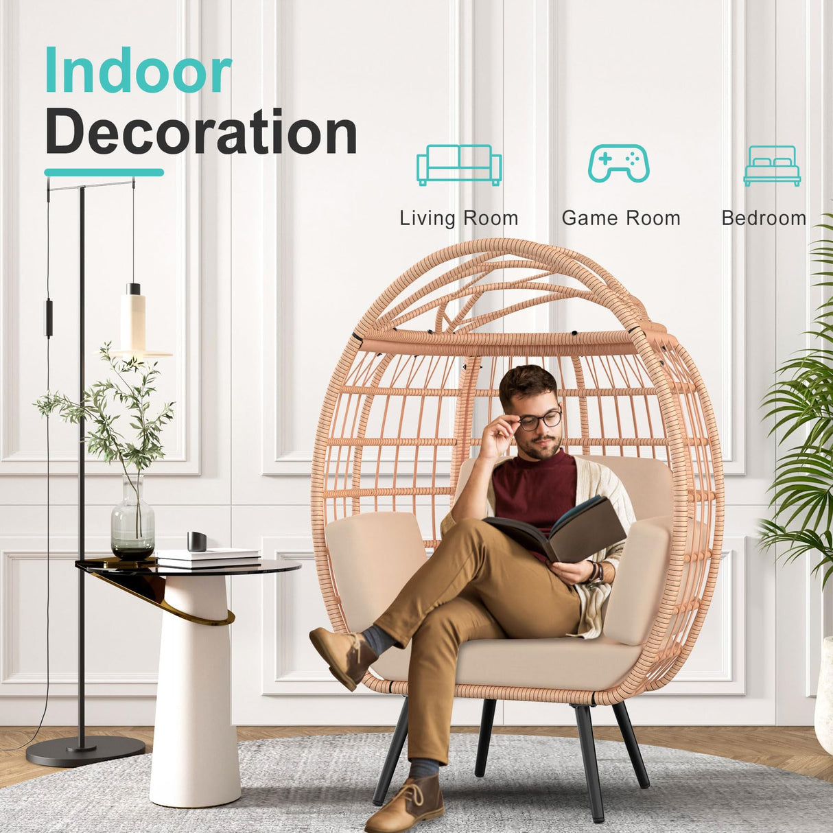 ZENPETIO Oversized Egg Chair, Indoor Outdoor Lounger with 4 UV Resistant Cushions, Storage Bag, All-Weather Wicker Egg Lounger Chair for Patio, Backyard, Living Room, 370lbs Capacity - Brown ZENPETIO