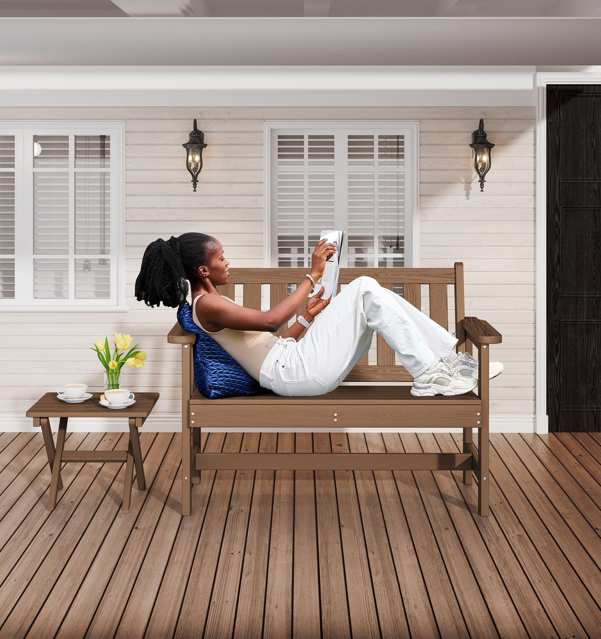 SERWALL Outdoor Bench, HDPE Outdoor Benches Weatherproof, 2-Person Garden Bench with 660 lbs Weight Capacity, Patio Benches for Outdoors, Garden, Porch, Backyard and Park, Brown SERWALL