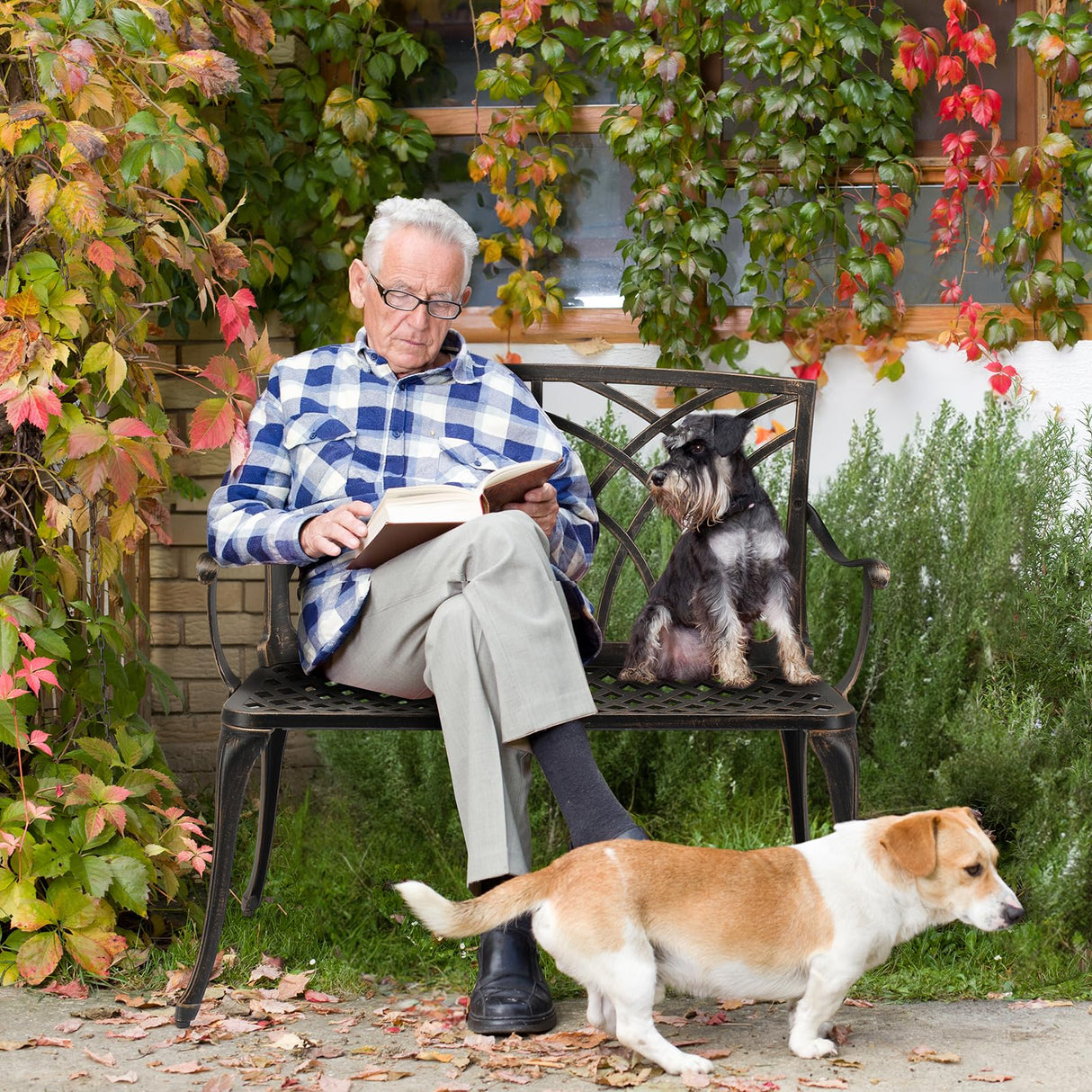 VINGLI 38" Outdoor Bench Cast Aluminium Garden Bench, Orchid Porch Bench Patio Bench Deck Furniture for 1-2 Person Seat (Brown) VINGLI