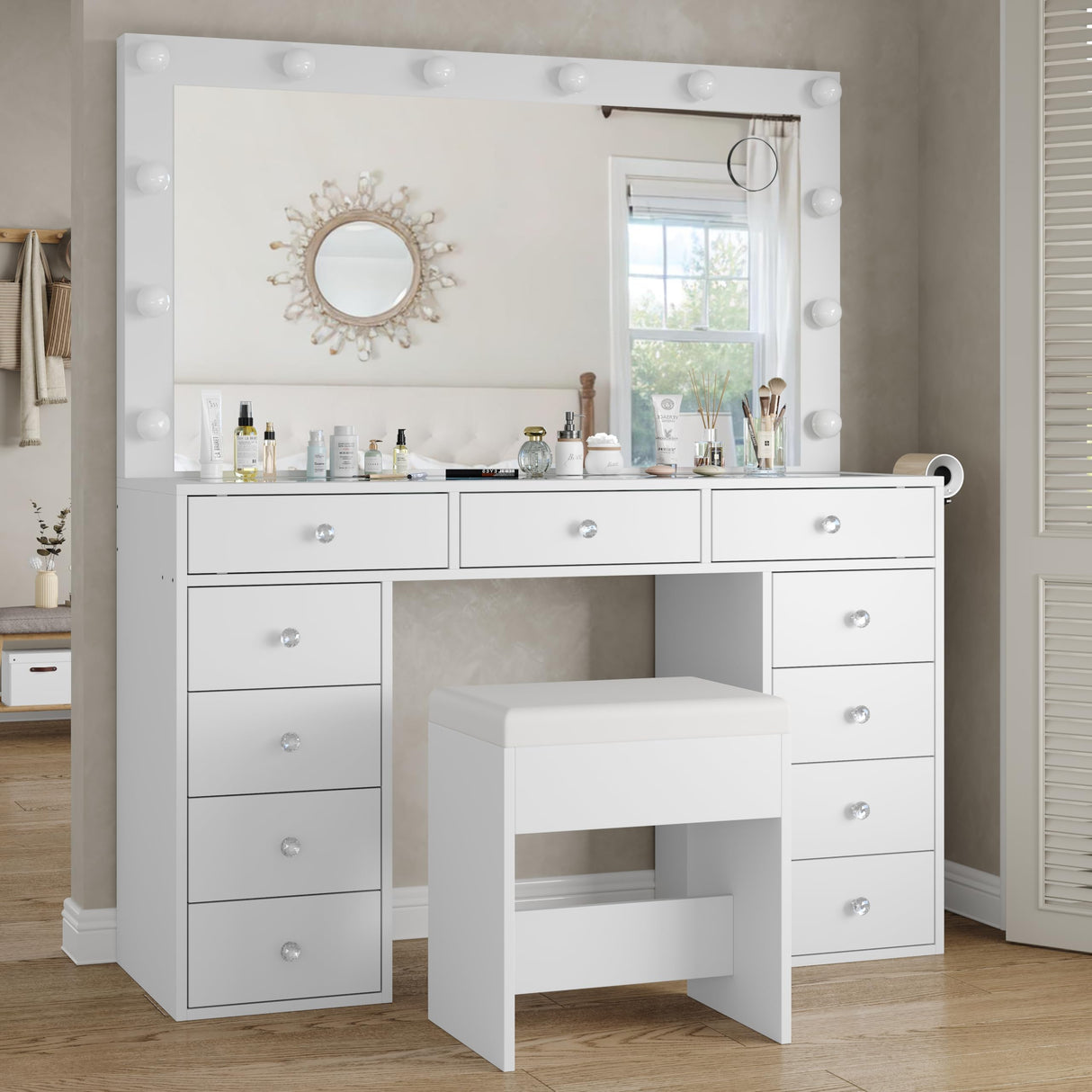 Yanosaku Vanity desk & Power Outl, Makeup Vanity with Mirror and 12 LED Lights, Makeup Table with 11 Drawers, Vanity Table with Chair,Vanity Set 3 Lighting Modes Brightness Adjustable-(White) Yanosaku