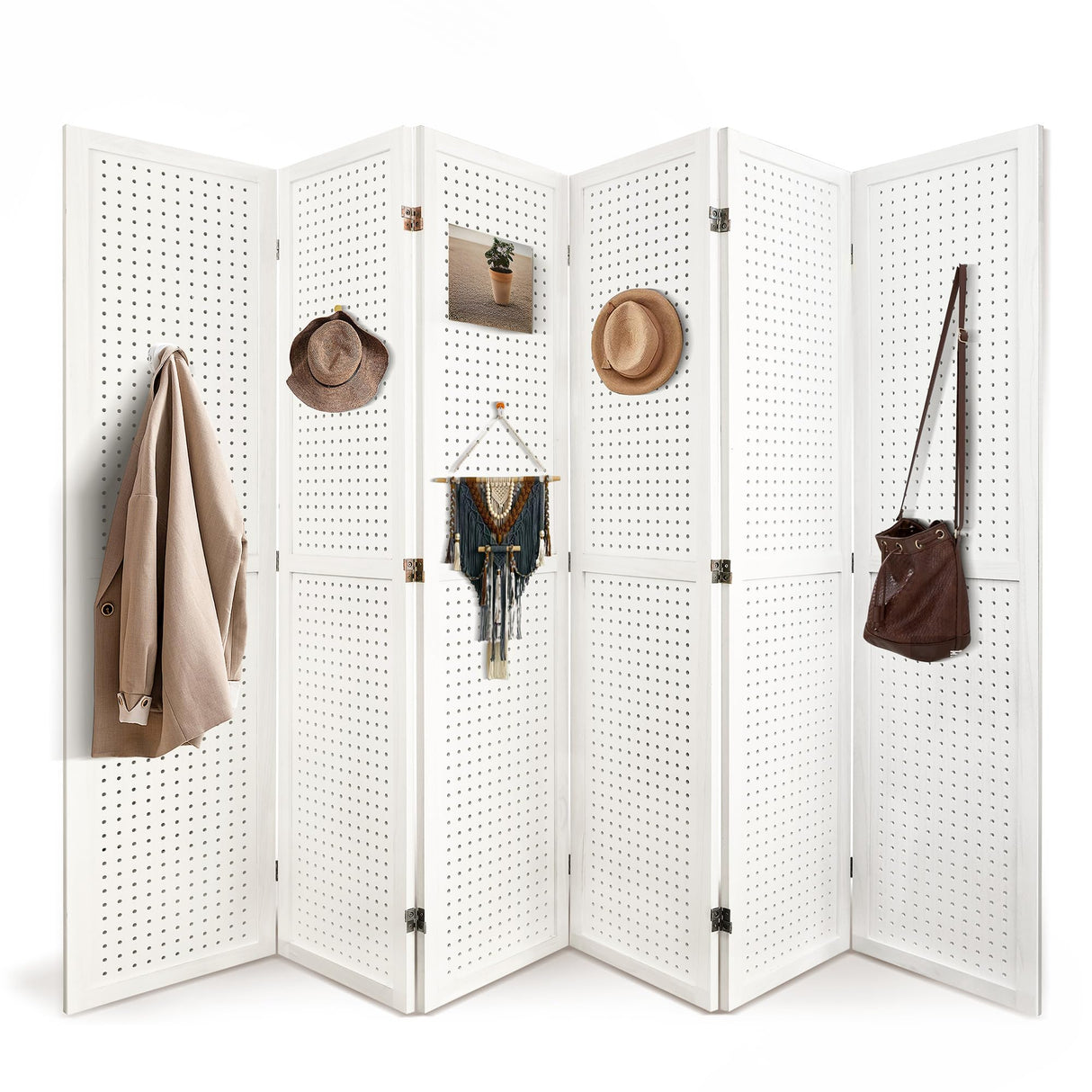 Grungis 6 Panel Room Divider with Pegboard Display 5.6FT Wood PegBoard Room Dividers, Folding Privacy Screens Portable Freestanding Partition Wall Divider for Art Shows & Room Separation, White Grungis