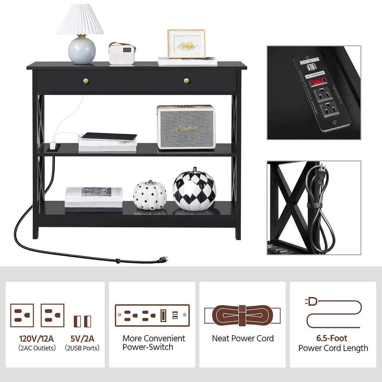 Yaheetech TV Stand with Power Outlet, Entertainment Center with Drawer, 39.5" Media Console Table for TV up to 45 inch with 2 Open Shelves for Bedroom, Living Room, Entryway, Black Yaheetech