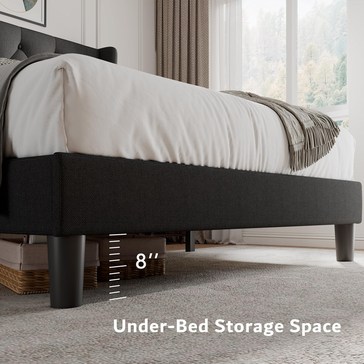 iPormis Queen Size Platform Bed Frame with Button Tufted Headboard, Upholstered Bed Frame with Solid Wooden Slats, 8" Underbed Space, No Box Spring Needed, Noise Free, Easy Assembly, Black iPormis