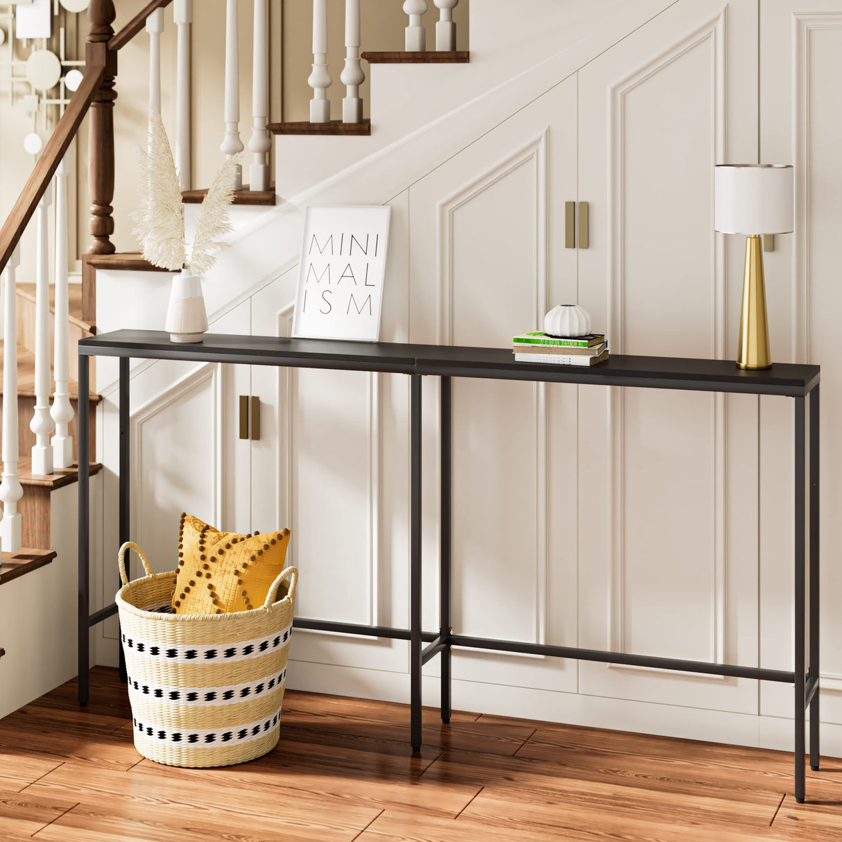 SONGXIN 63" Console Table,Modern Narrow Long Sofa Table Behind Couch,Skinny Entry Table with Black Metal Frame for Living Room, Hallway,Classic Black SONGXIN