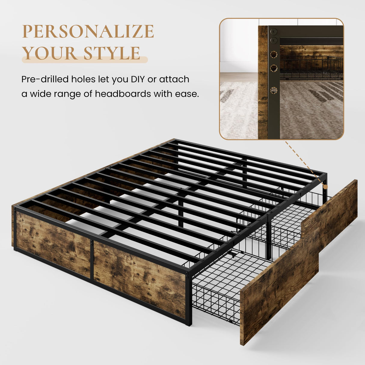 SHA CERLIN Queen Platform Bed Frame with 2 Large Storage Drawers, Rustic Wood and Metal, Noise-Free, Easy Assembly, No Box Spring Needed, Brown SHA CERLIN