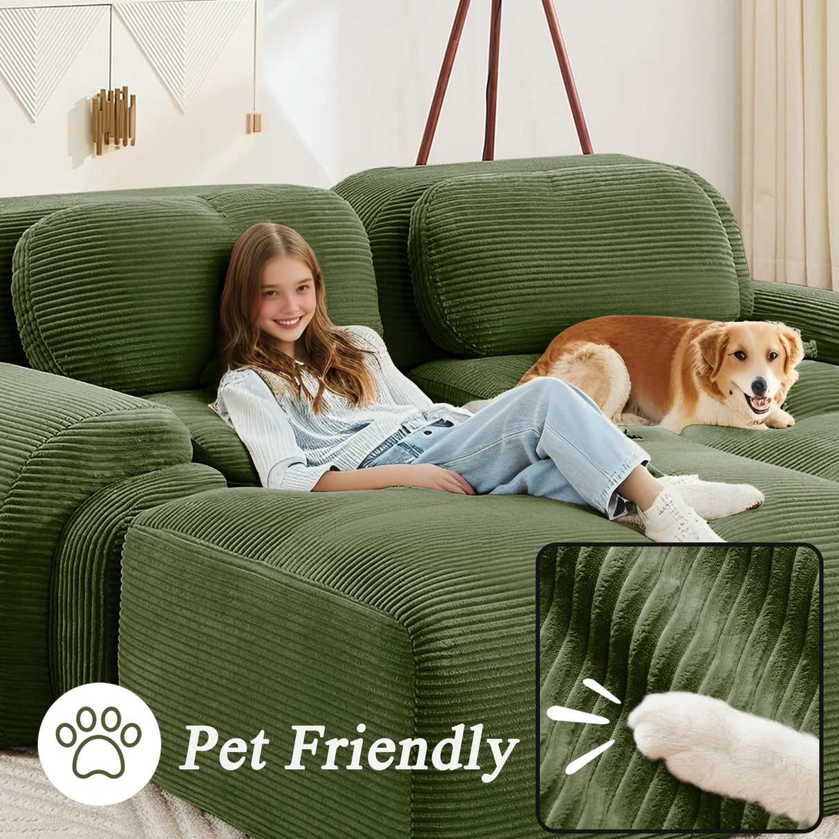 YESER Modular Sectional Sofa Boneless Couch, Cloud Sectional Couches for Living Room, Oversized L Shaped Couch with Deep Seat and Ottoman, Comfy Corduroy Upholstery Green Couches, No Assembly(3S+1O) YESER