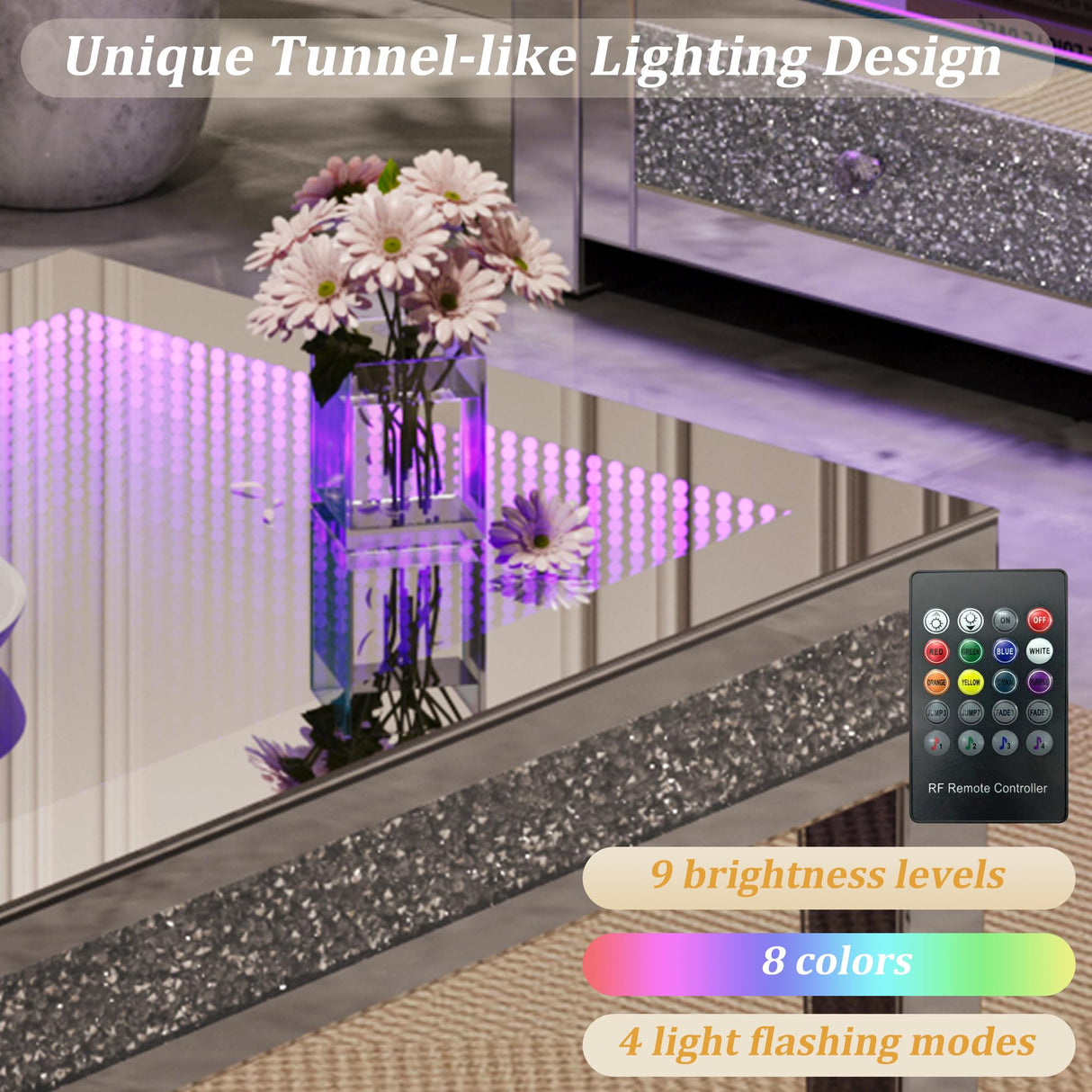 Alohappy Mirrored Coffee Table with Lasagna Light, Glass Rectangle Coffee Tea Table with Crushed Diamond for Living Room, Tempered Glass Silver Coffee Table for Bar, Game Room Decor Alohappy