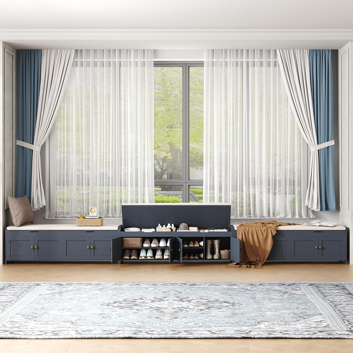 HOMEFORT 54.4" Shoe Bench with Lift Top Storage, Entryway Bench with Cushioned Seat, Wooden End of Bed Bench, Shoe Cabinet Bench with Hidden Storage Space, for Bedroom, Hallway,Blue HOMEFORT