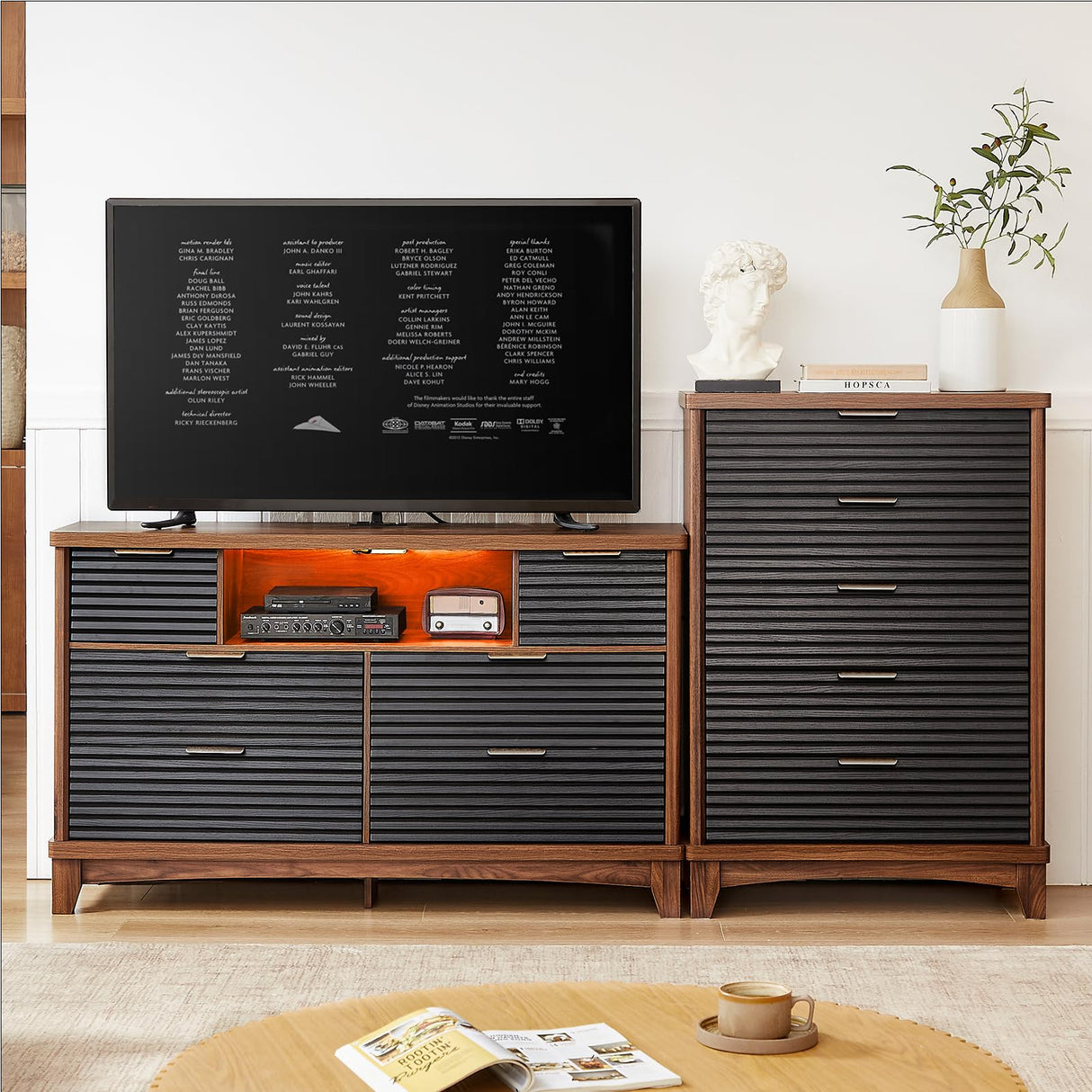 AOGLLATI Black Dresser for Bedroom with Slanted Louvre Design,Retro Chest of Drawers with Charging Station, Wooden Wide Led 6 Drawer Dresser for Bedroom,Living Room, Hallway, Black & Brown AOGLLATI