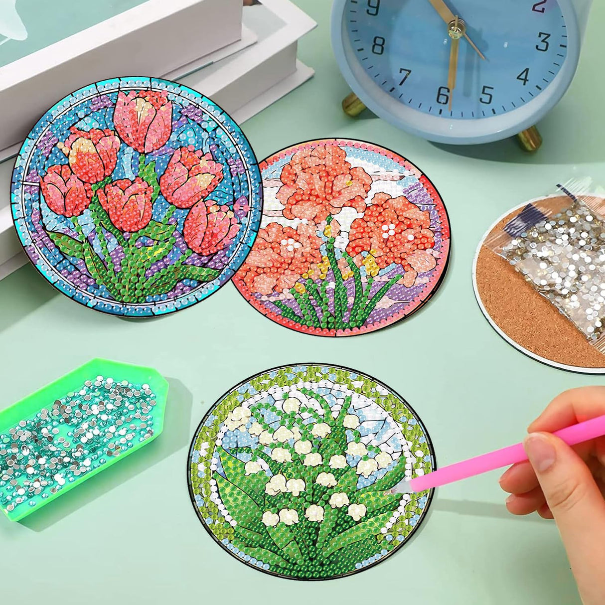 croshom 8 PCS Flowers Diamond Art Coasters Diamond Painting Coasters Kits with Holder Flowers DIY Coaster for Adults Beginners, Diamonds Art Crafts Supplies Sunflowers croshom