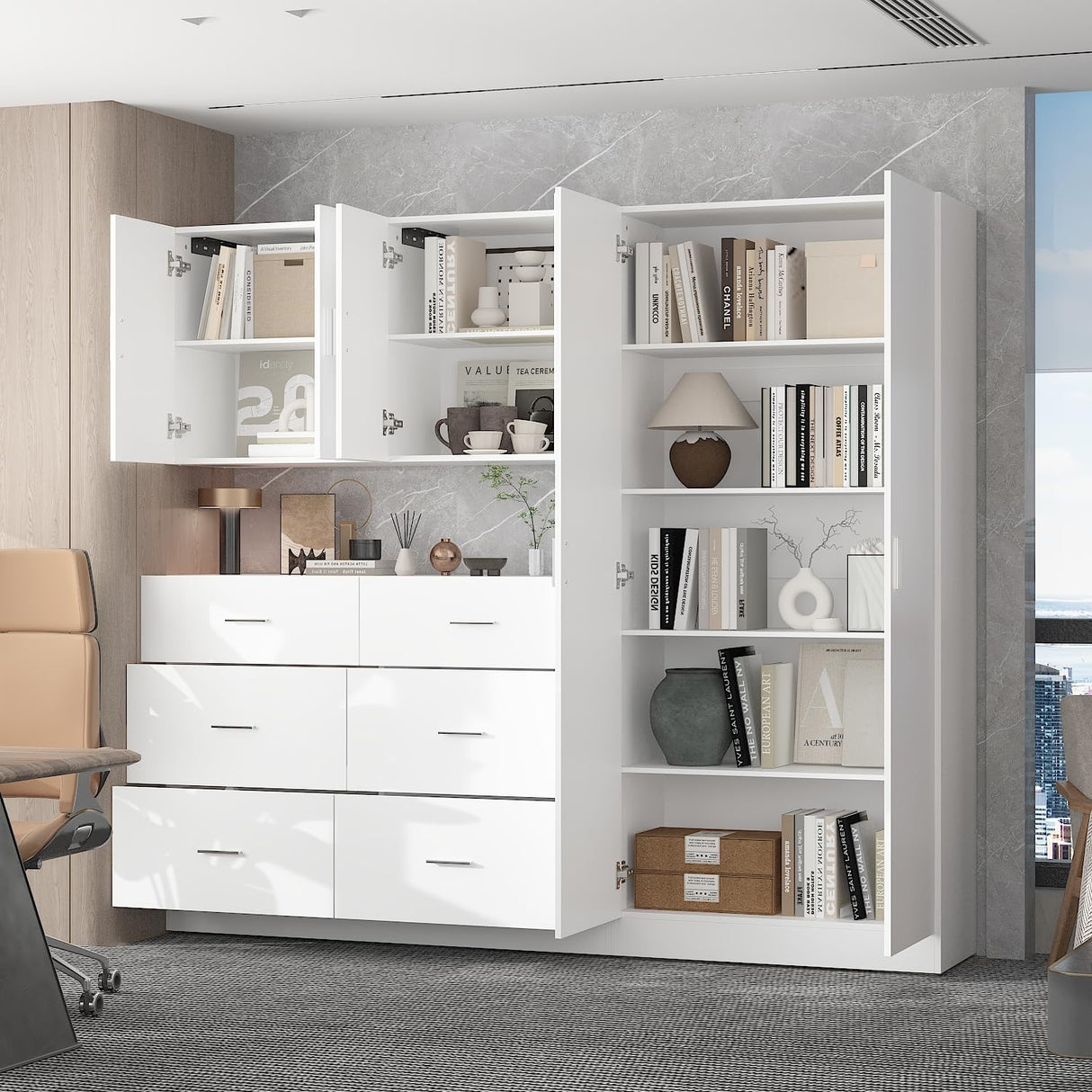 ROMSHINE Large Garage Storage System with 6 Drawers, 3-Piece Workshop Cabinet Set with Wall Mounted Storage, Utility Bookshelf Pantry Cabinet for Home Office Shopping Malls Retail Console, White ROMSHINE