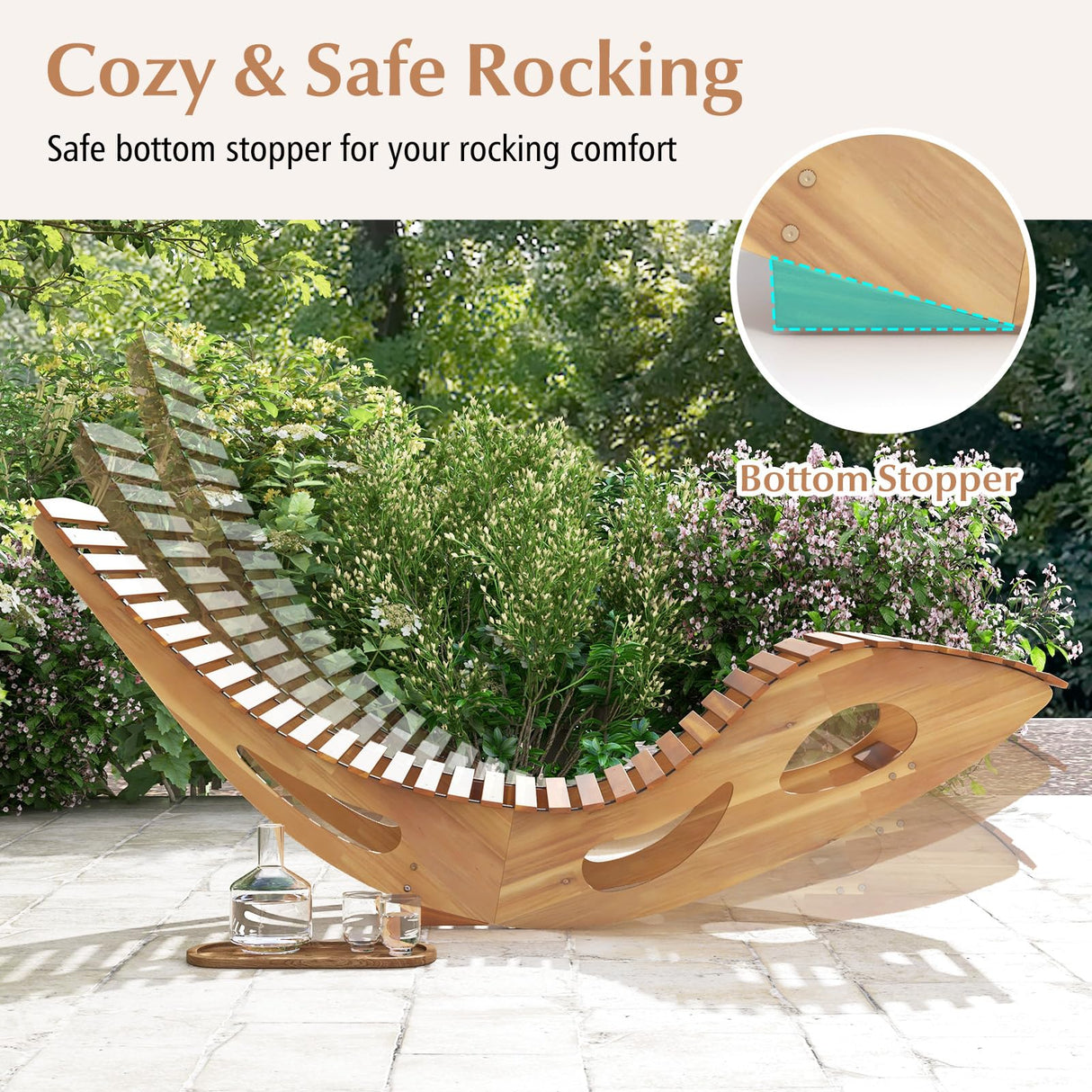 Giantex Acacia Wood Outdoor Rocking Chair, Patio Lounge Chair with Ergonomic Curved & Slatted Seat, High Back, Bottom Stopper, Outside Chaise Lounge, 63”x23.5”x26” Pool Lounger for Porch, Yard (1) Giantex