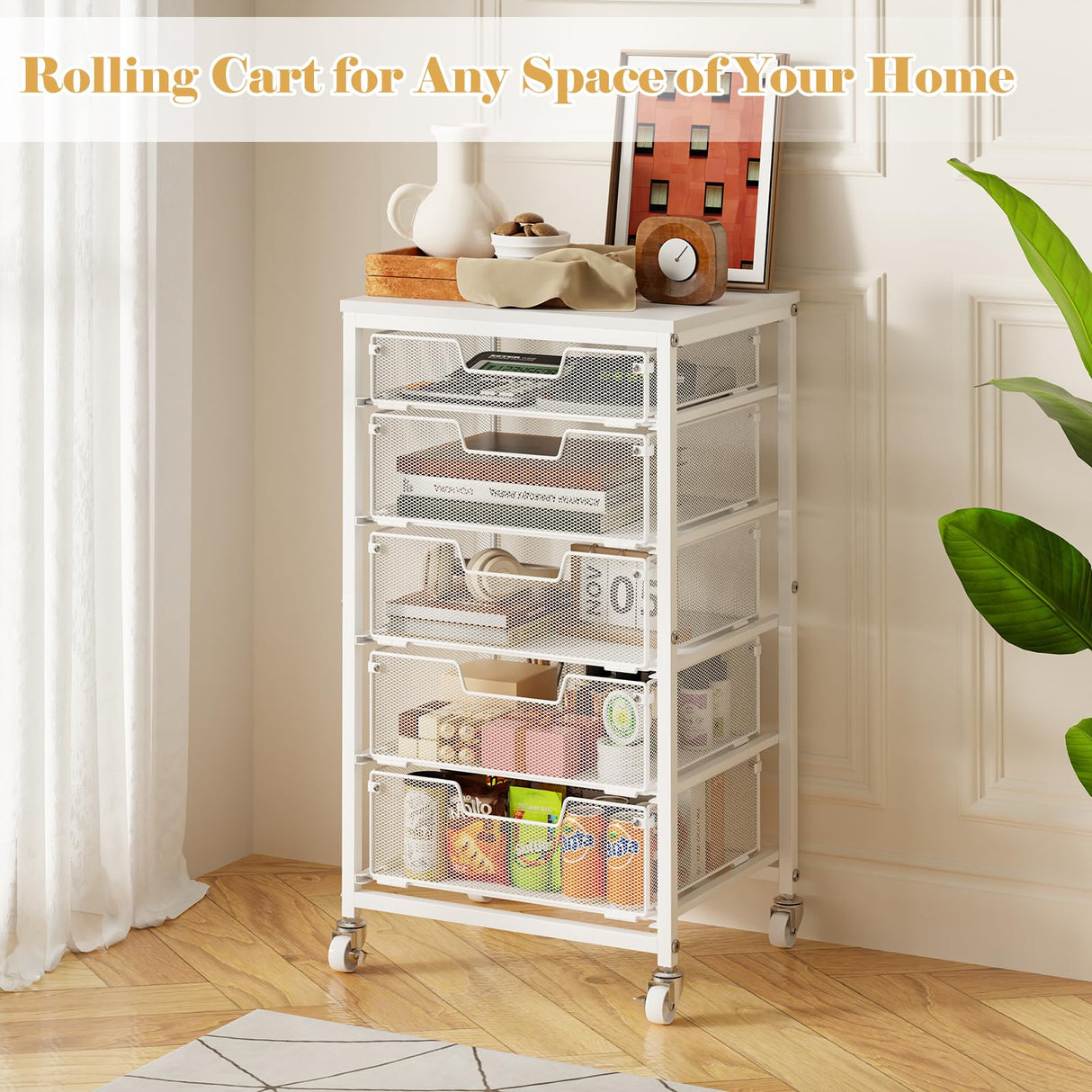 Sbanmao Utility Cart with 5 Drawers, Rolling Storage Cart with Wooden Tabletop and Lockable Wheels, Storage Drawer Cart Craft Cart for Bedroom, Classroom, Home, Office, White Sbanmao