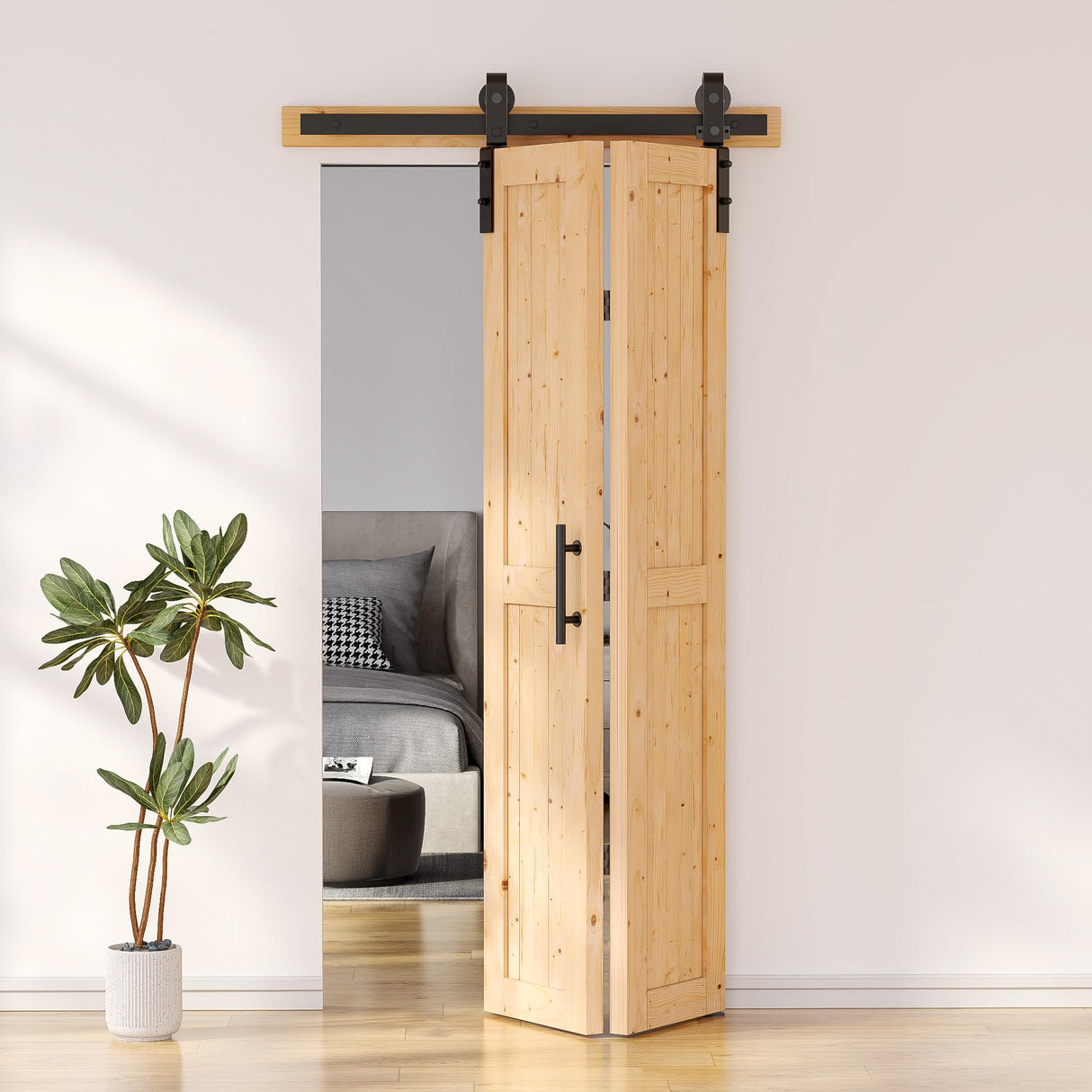 SKYSEN 36" X 84" Bifold Barn Door with 40" Bifold Barn Door Hardware Kit, Including Handle and Pulls, Unfinished Solid Spruce Wood Panel, Pre-Drilled and Assembled(36 * 84-40-fold) SKYSEN