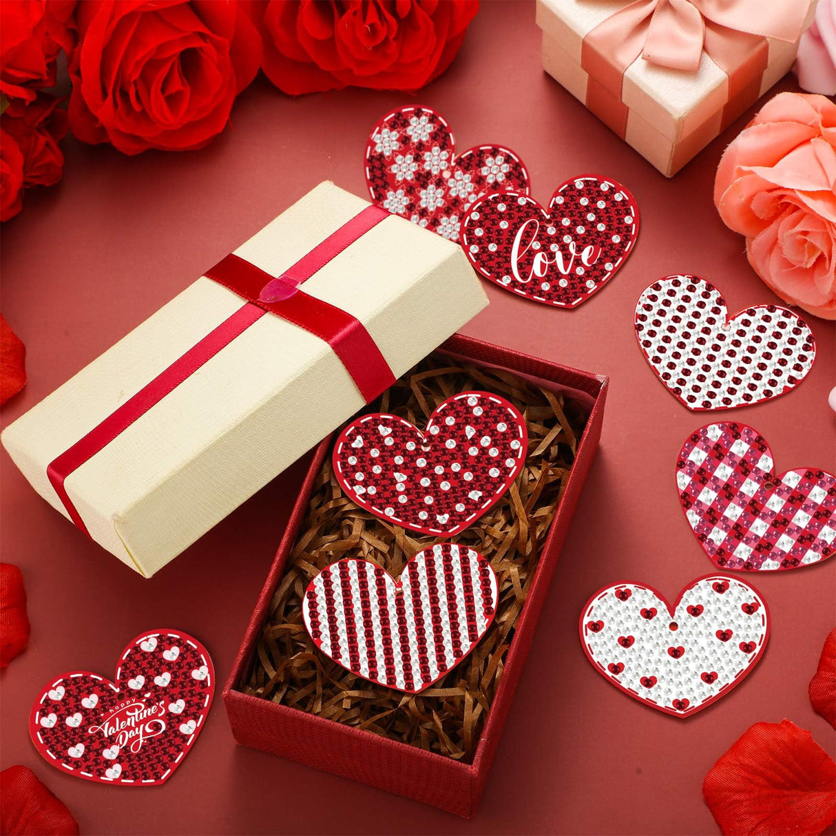 Outus 24 Pcs Valentine's Day Diamond Painting Keychains 5D Heart Shaped Double Sided Diamond Key Chain Kit Pendant Crafts Making for Valentine's Day Wedding Outus