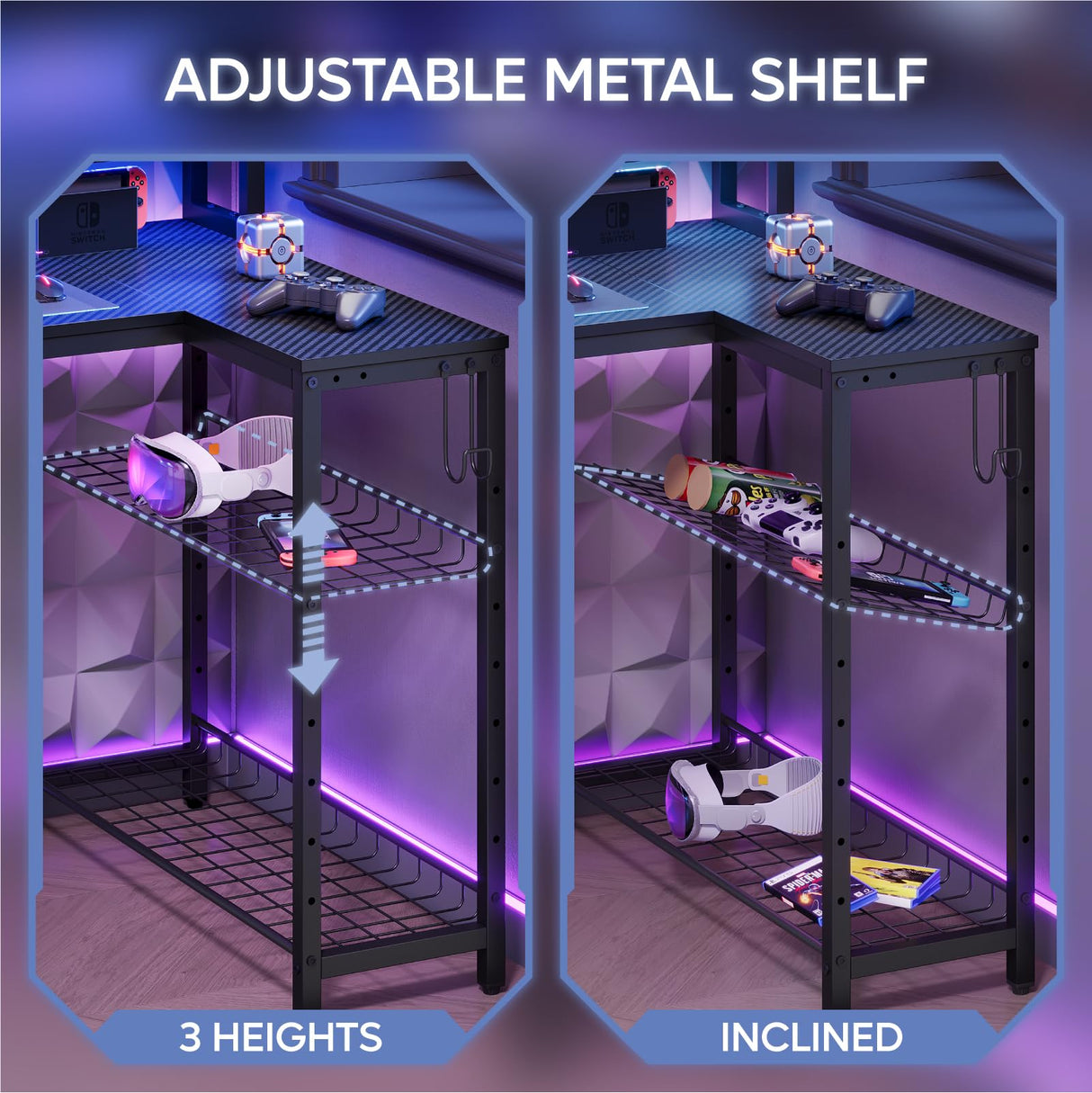 Bestier Gaming Desk with Power Outlet, 71.5 inch LED Computer Desk with Monitor Stand, L Shaped Large Desk with Metal Shelf, Cup Holder & Headset Hooks, Corner Desk for Bedroom 3D Carbon Fiber Bestier