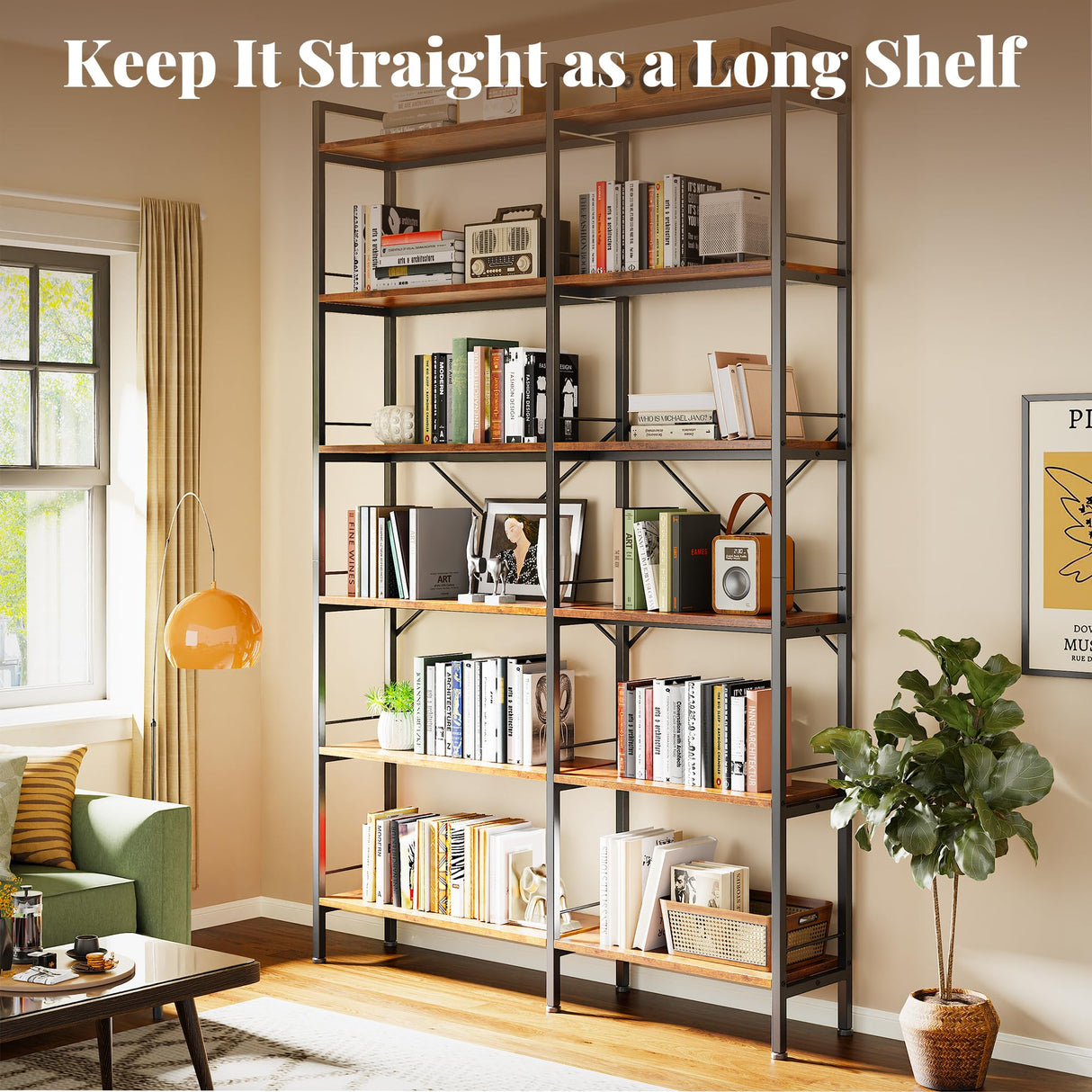 Huuger 6 Tier Bookshelf, L Shaped Corner Bookshelf with Open Shelves, 49.4 Inch Straight Wide Bookcase with Metal Frame and Wooden Board, Adjustable Feet, Rustic Brown Huuger