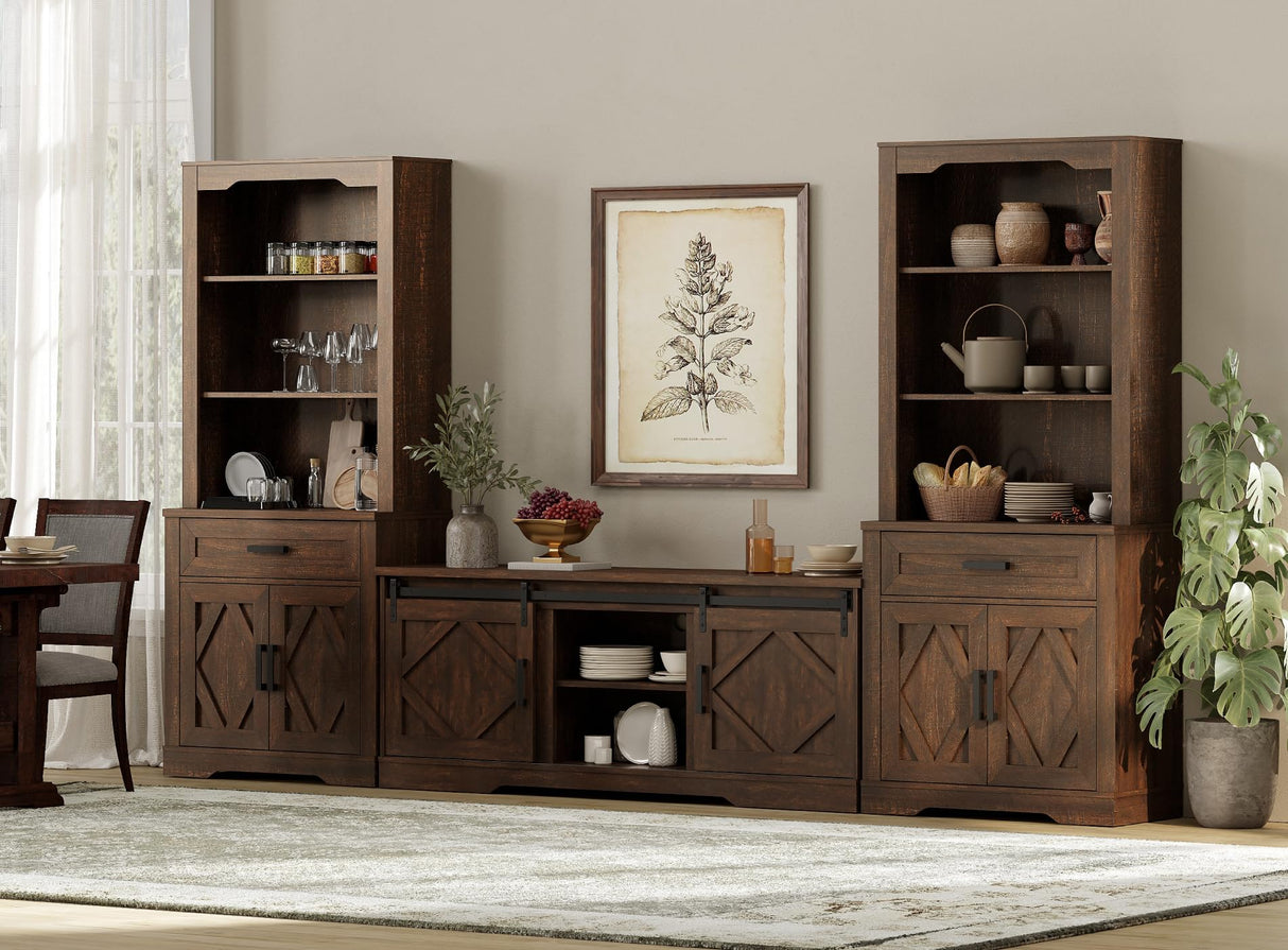 WAMPAT Farmhouse Entertainment Center with Bookshelf for TVs up to 75",Mid Century Modern TV Stand with 73"H Tall 5-Tier Bookcase with Open Storage and Barn Doors for Living Room,Bedroom,Rustic Brown WAMPAT