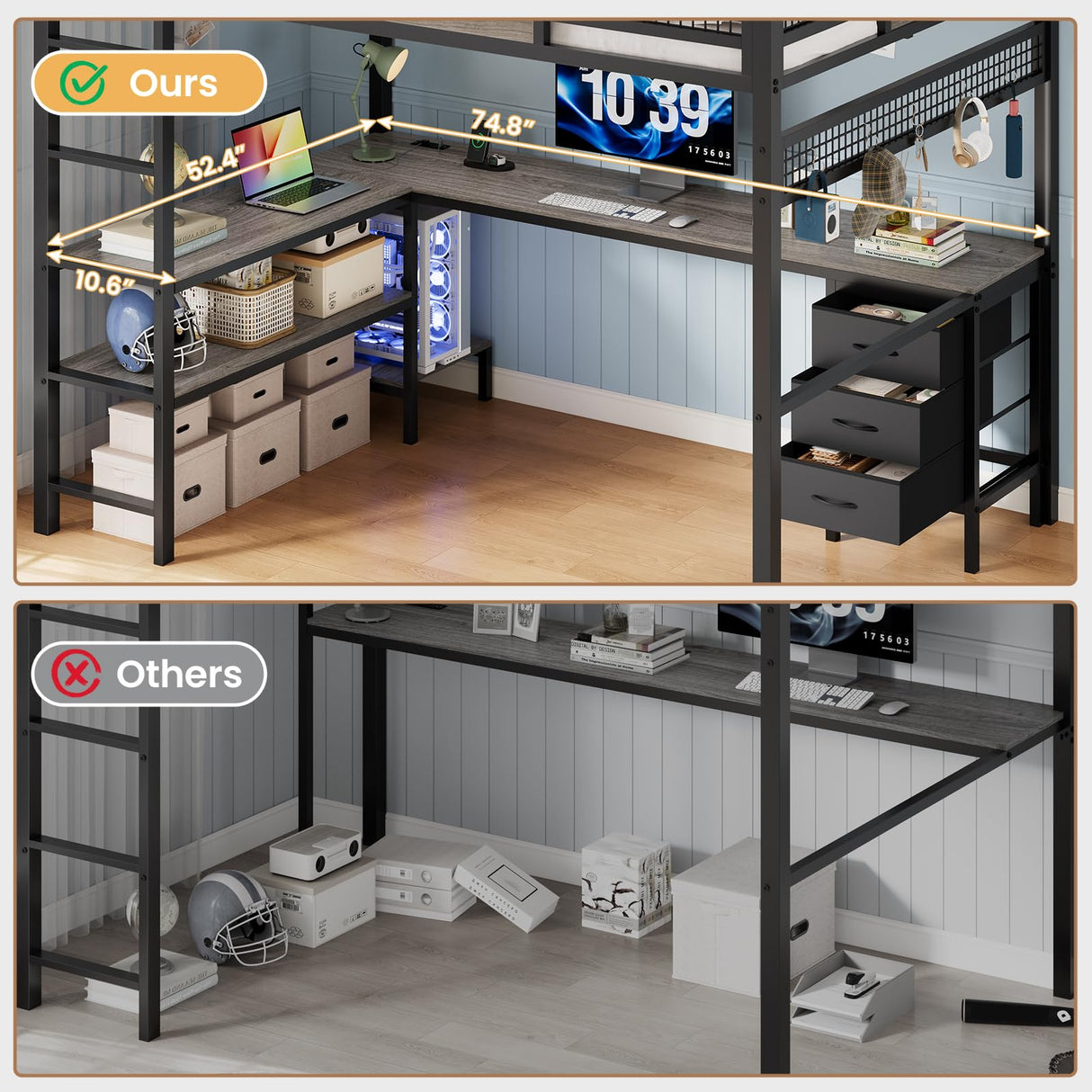 BTHFST Full Size Loft Bed with L-Shaped Desk and 3 Storage Drawers, LED Lights & Charging Station, Open Storage Shlef, Metal Loft Bed Frame with Solid Slats and Guardrail, Space Saving, Grey BTHFST